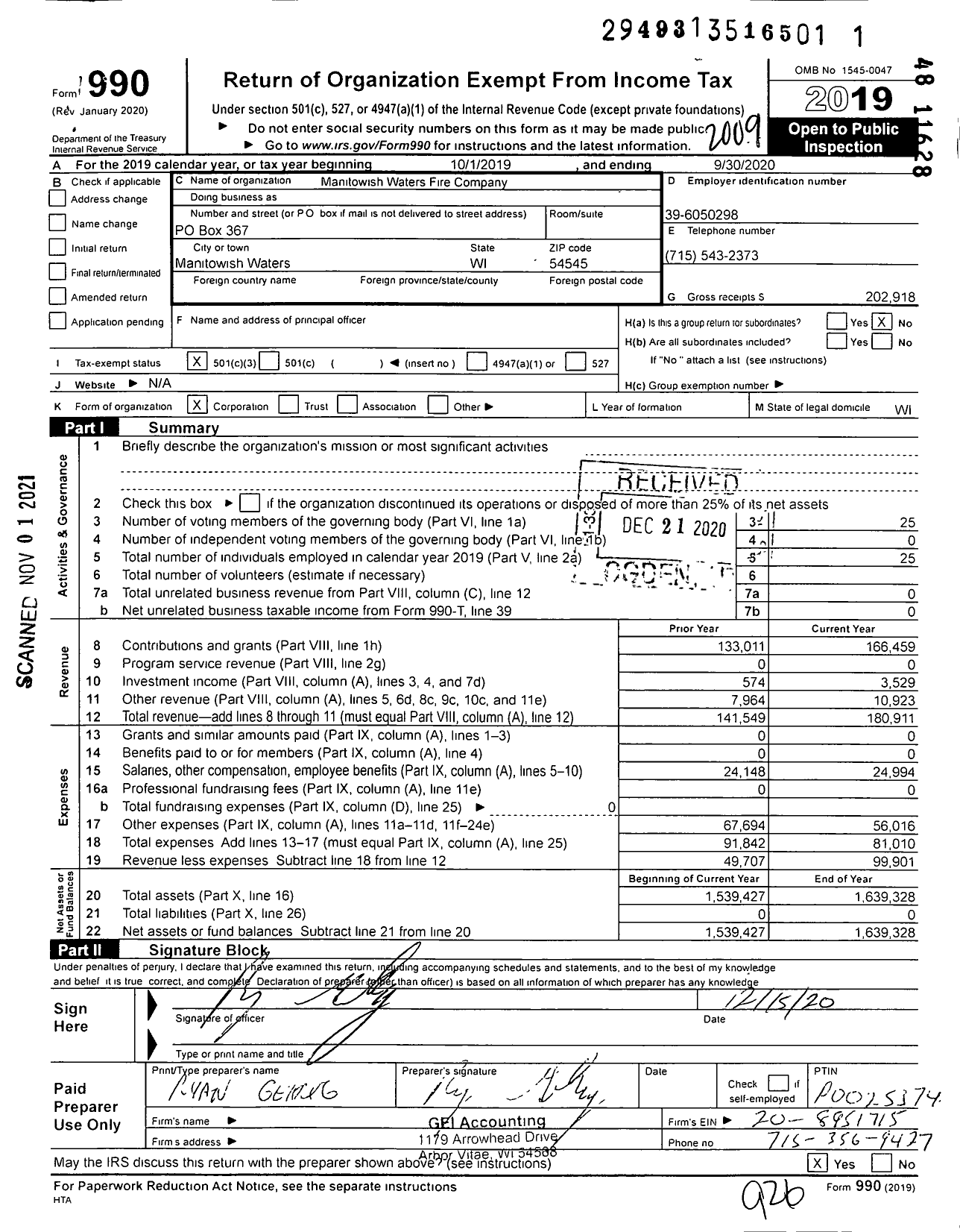 Image of first page of 2019 Form 990 for Manitowish Waters Fire Company