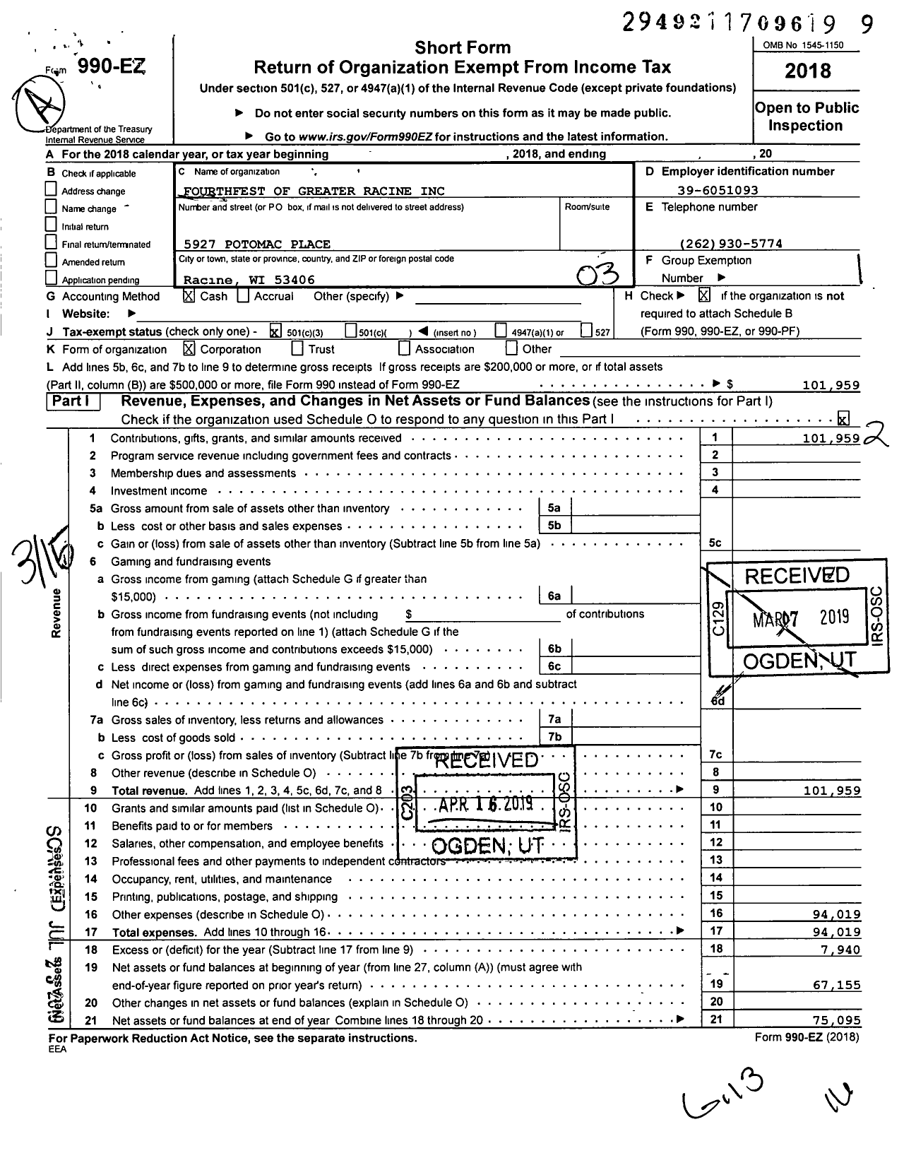 Image of first page of 2018 Form 990EZ for Fourthfest of Greater Racine