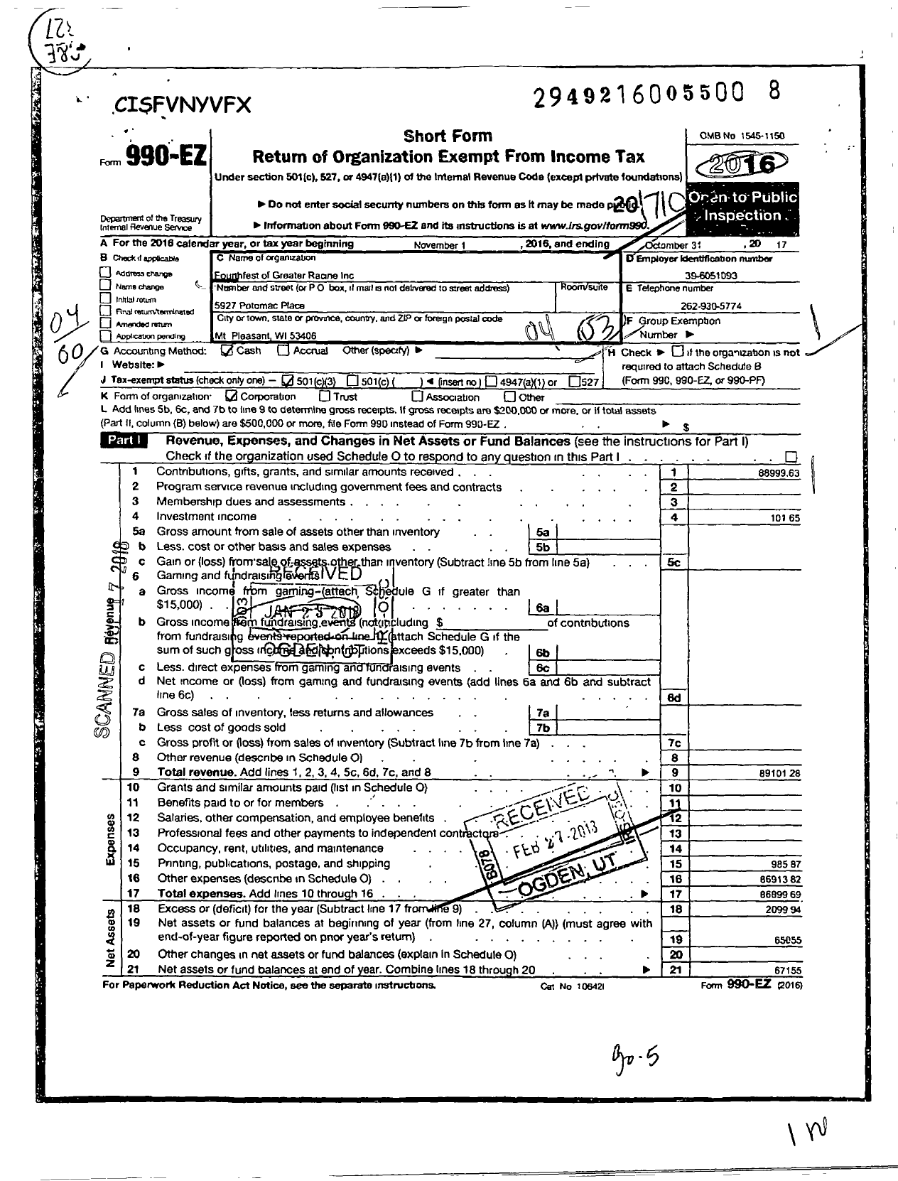 Image of first page of 2016 Form 990EO for Fourthfest of Greater Racine