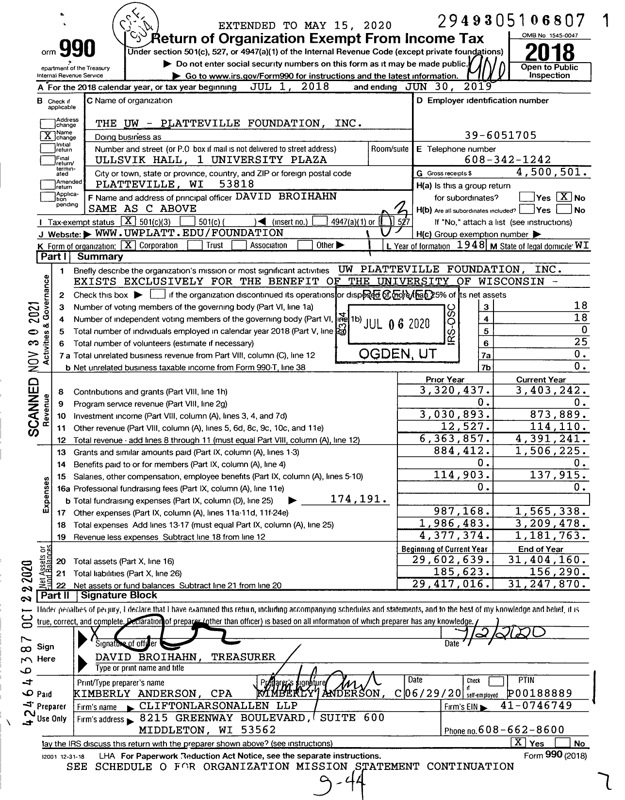 Image of first page of 2018 Form 990 for The Uw - Platteville Foundation