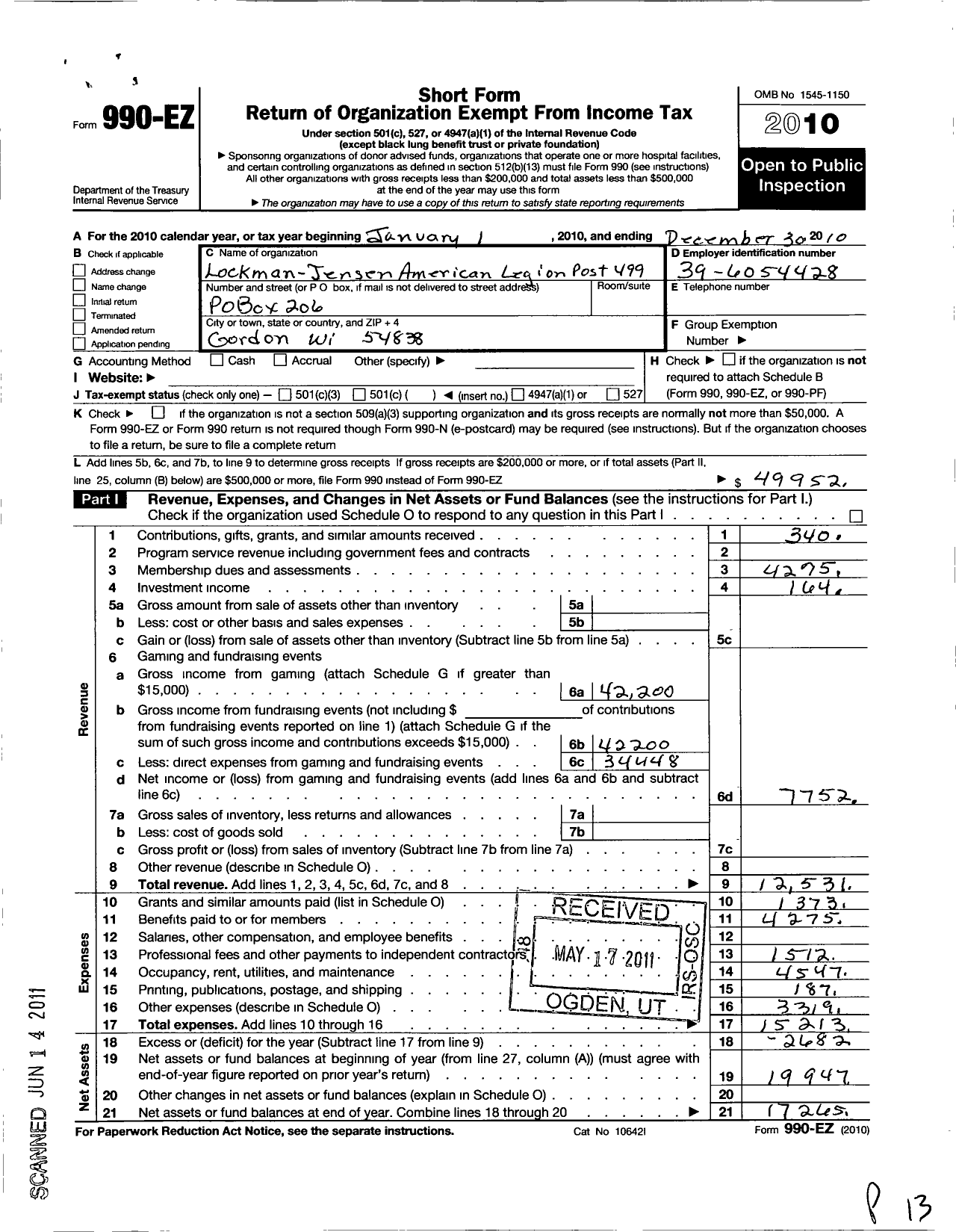 Image of first page of 2010 Form 990EO for American Legion - 0499 Lockman-Jensen