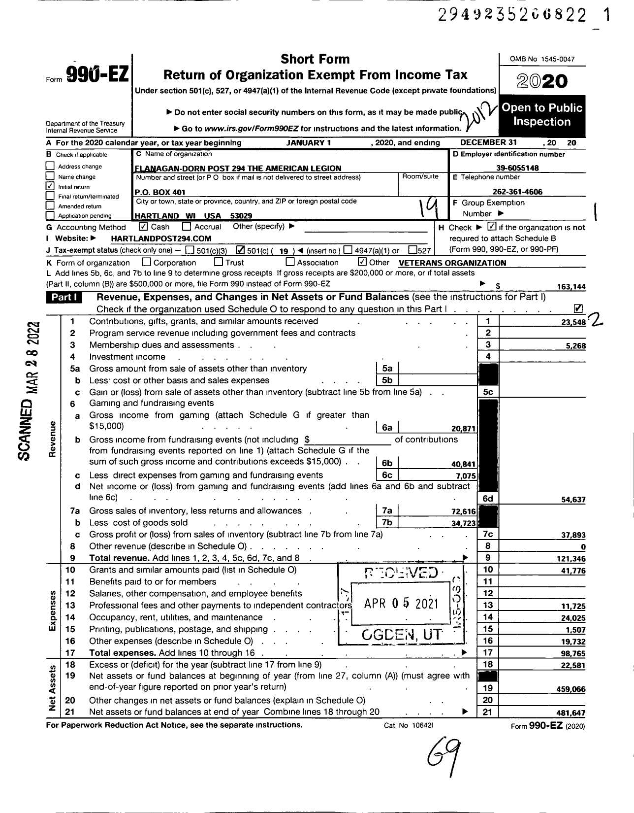 Image of first page of 2020 Form 990EO for American Legion - Post 294 the American Legion