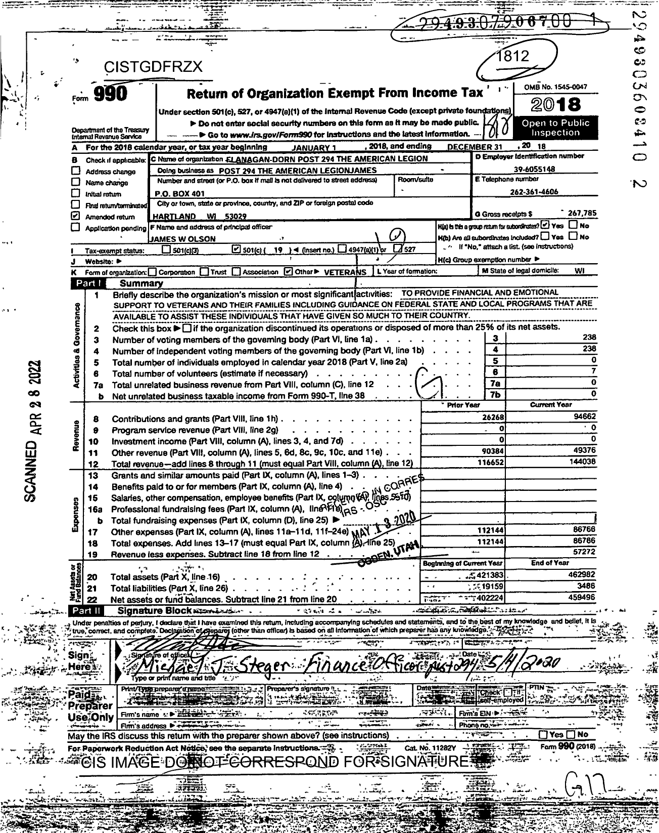 Image of first page of 2018 Form 990O for American Legion - Post 294 the American Legion