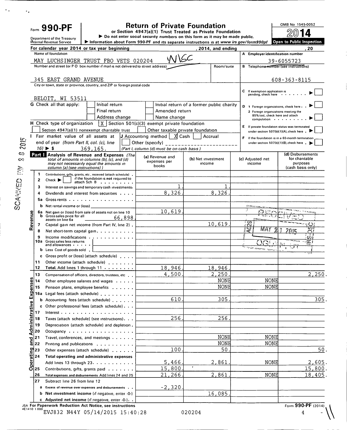 Image of first page of 2014 Form 990PF for May Luchsinger Trust Fbo Vets 020204
