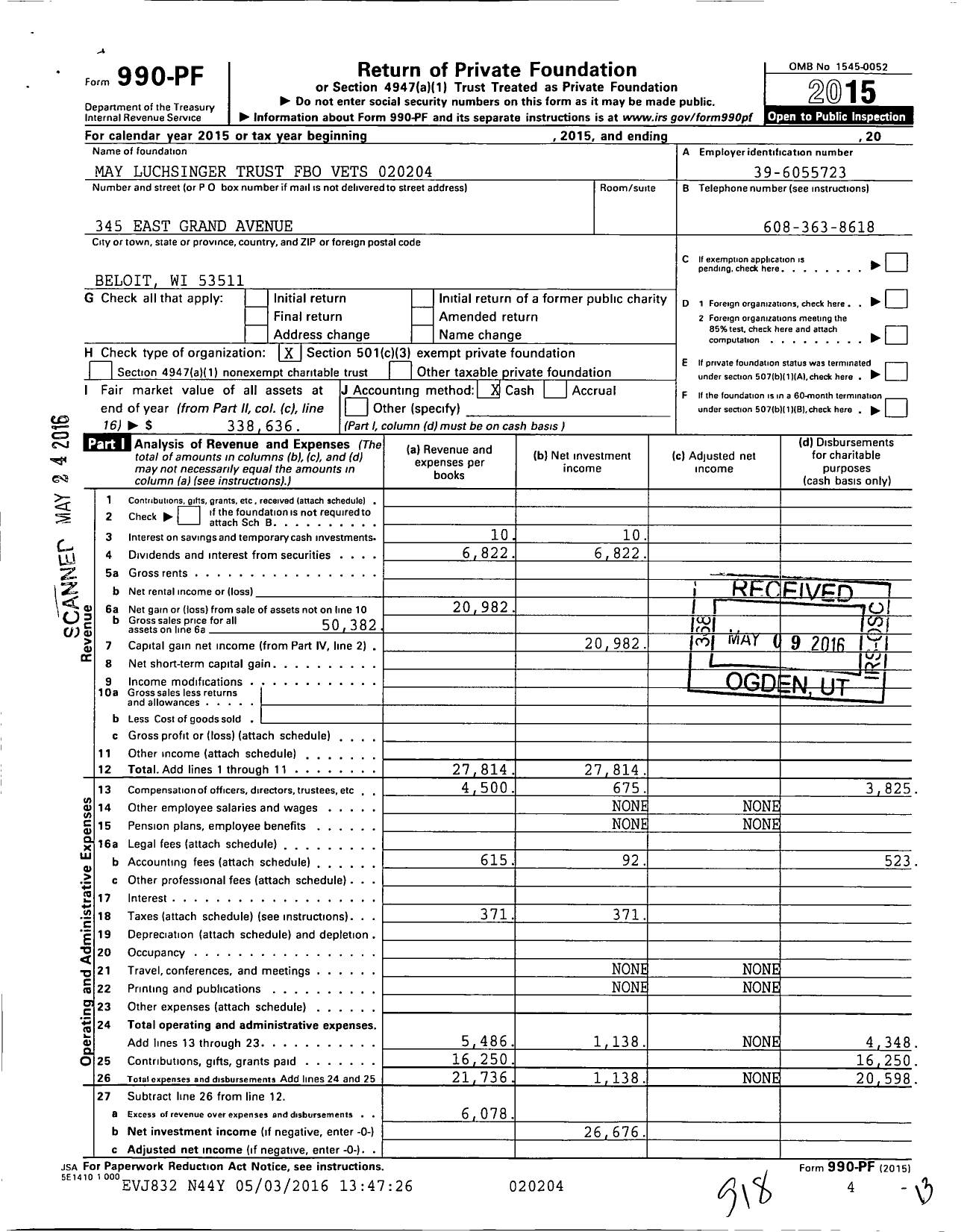 Image of first page of 2015 Form 990PF for May Luchsinger Trust Fbo Vets 020204