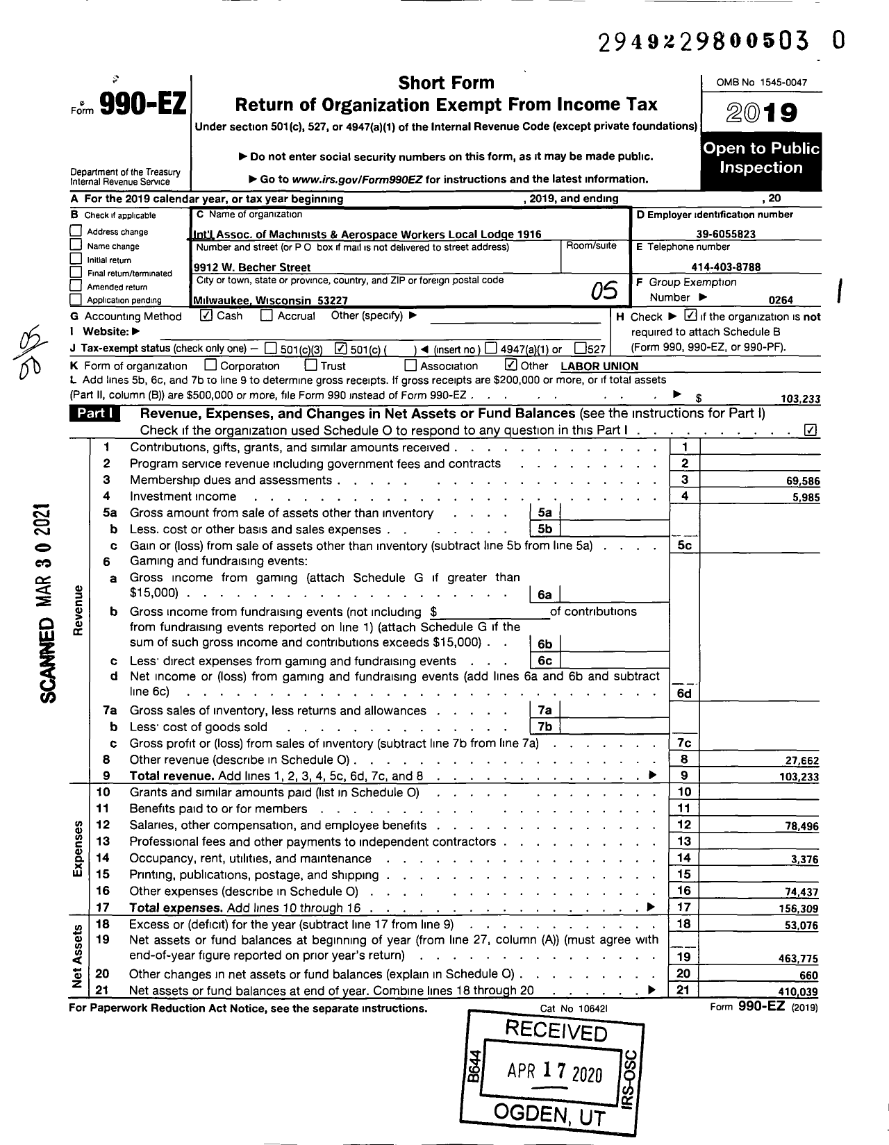 Image of first page of 2019 Form 990EO for International Association of Machinists and Aerospace Workers - 1916