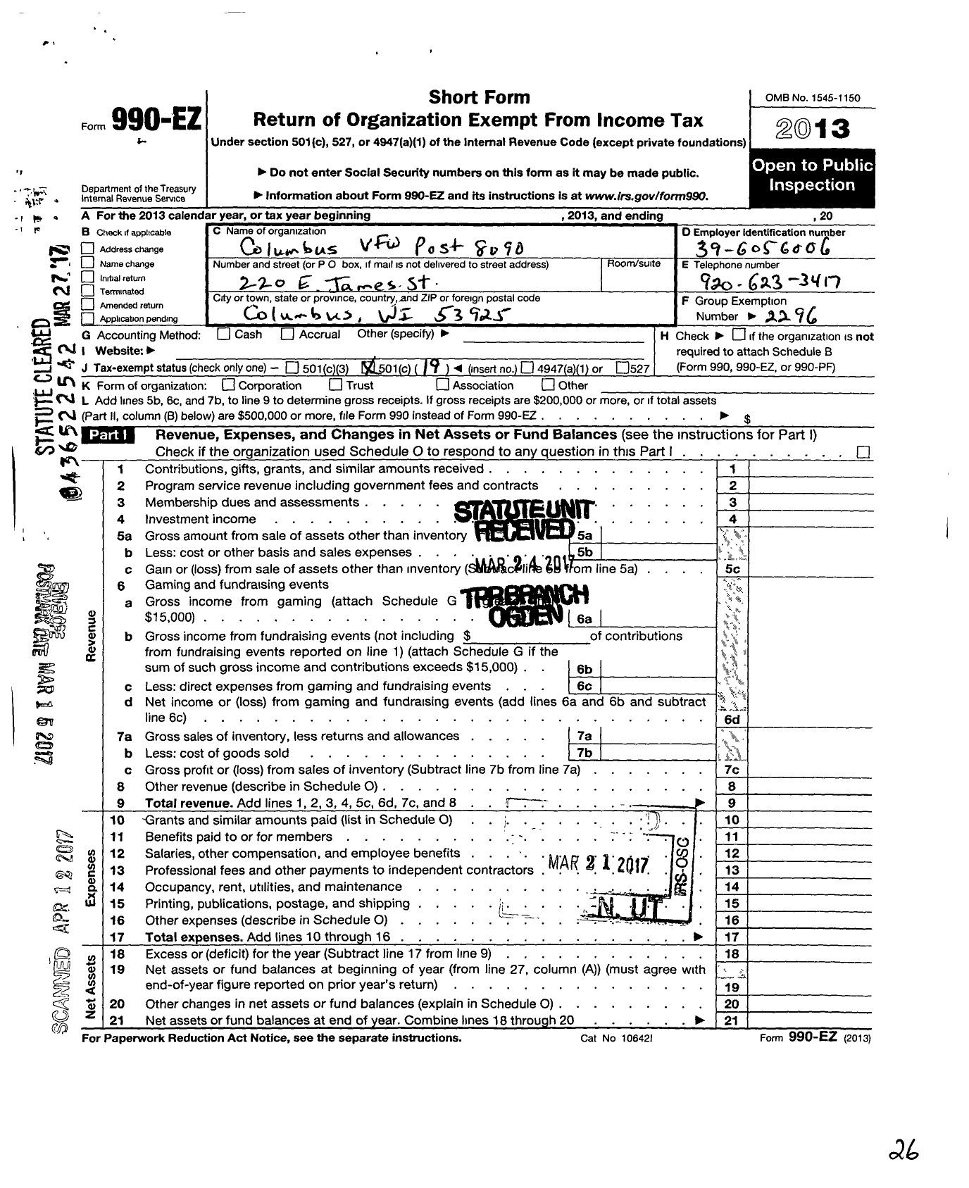 Image of first page of 2013 Form 990EO for VFW Wi - 8090 Columbus-Fall River