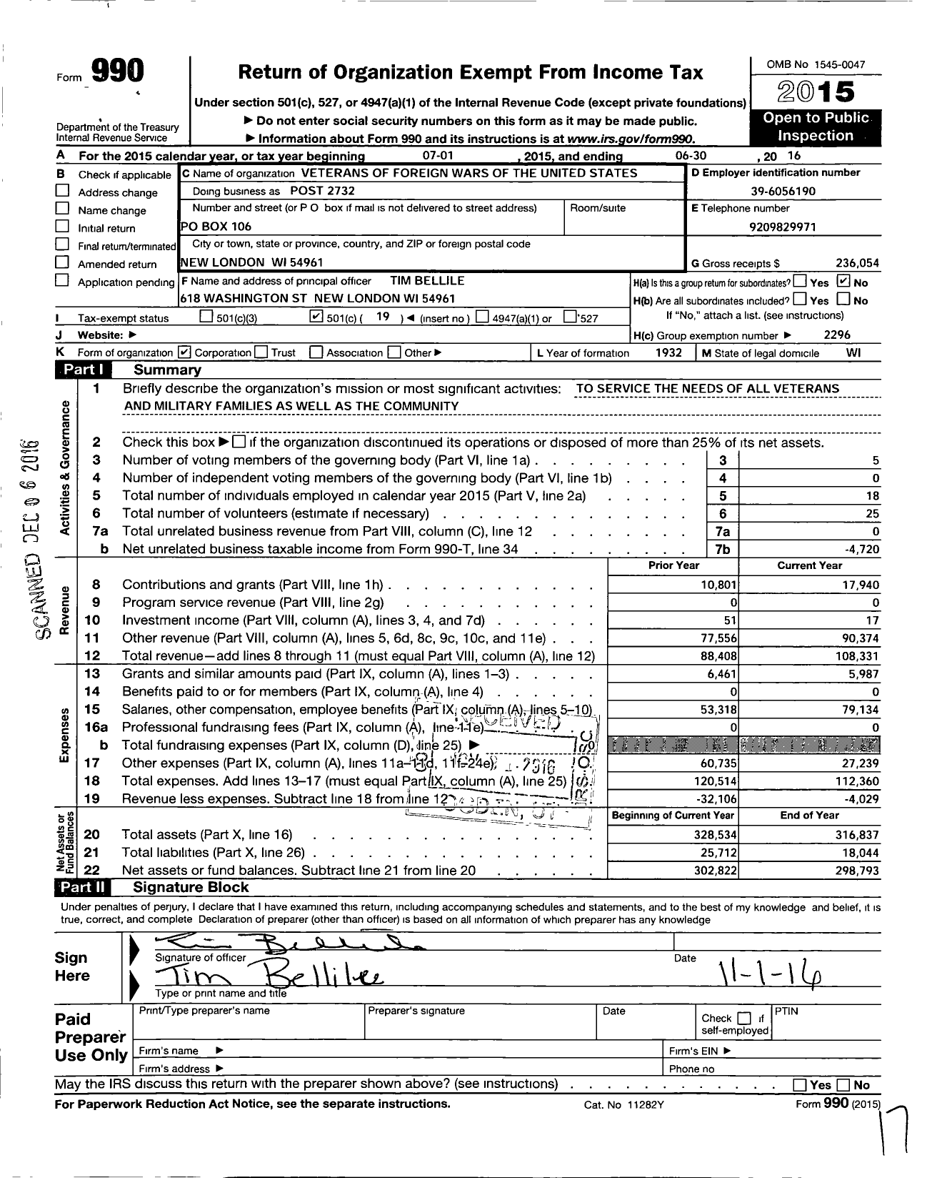 Image of first page of 2015 Form 990O for VFW Wi - 2732 Learman Schaller