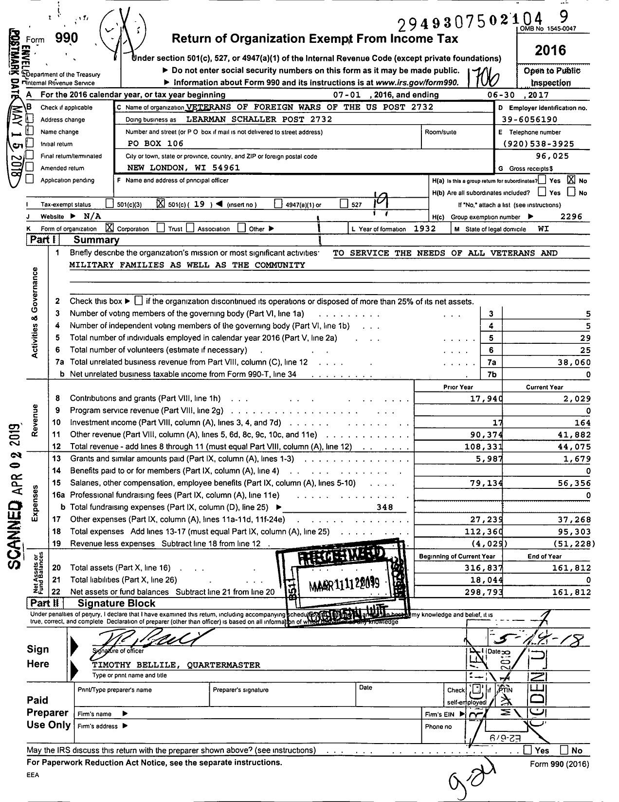 Image of first page of 2016 Form 990O for VFW Wi - 2732 Learman Schaller