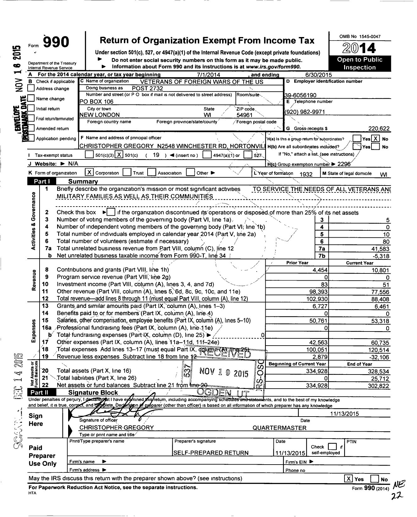 Image of first page of 2014 Form 990O for VFW Wi - 2732 Learman Schaller