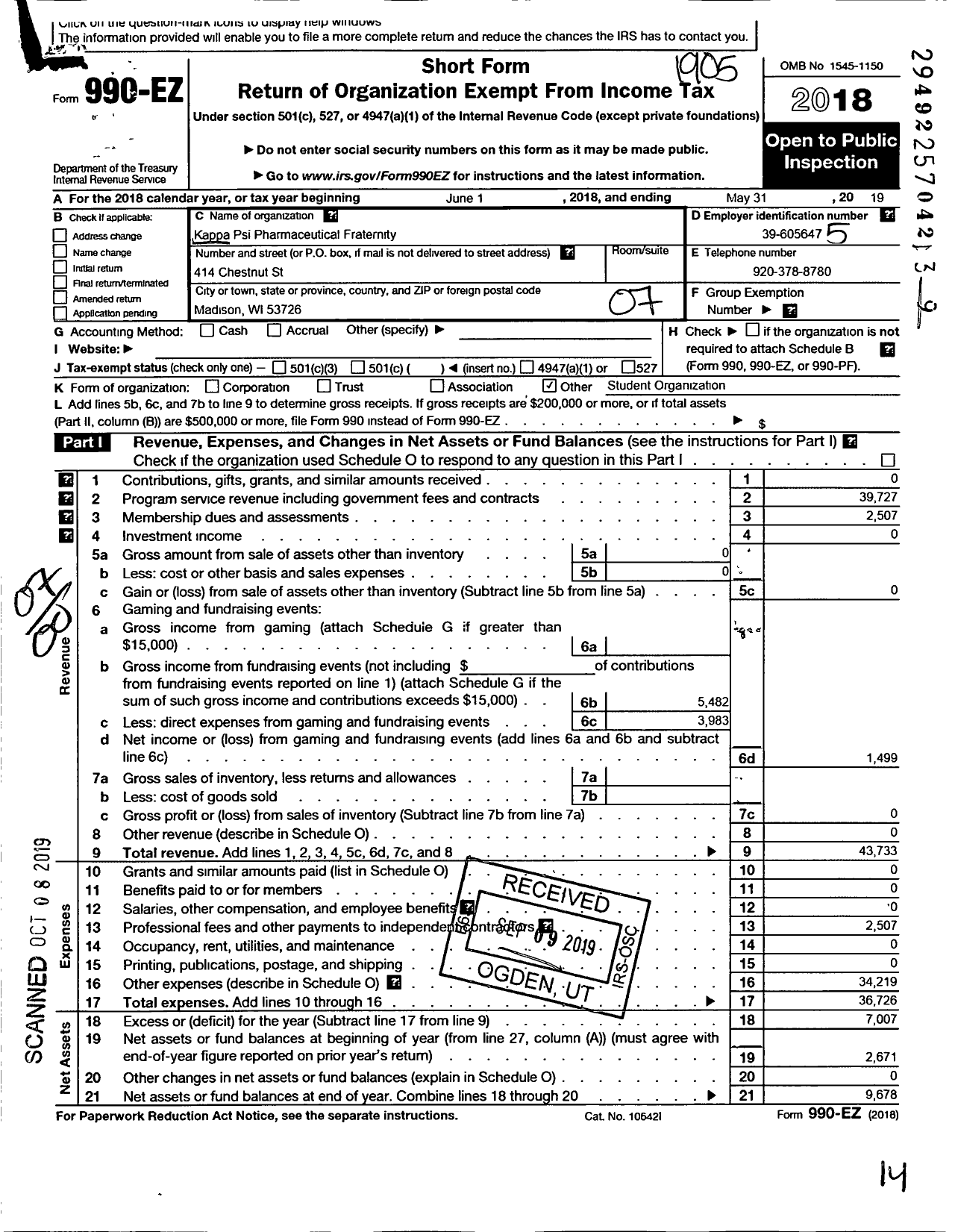 Image of first page of 2018 Form 990EO for Kappa Psi Pharmaceutical Fraternity / Beta Psi