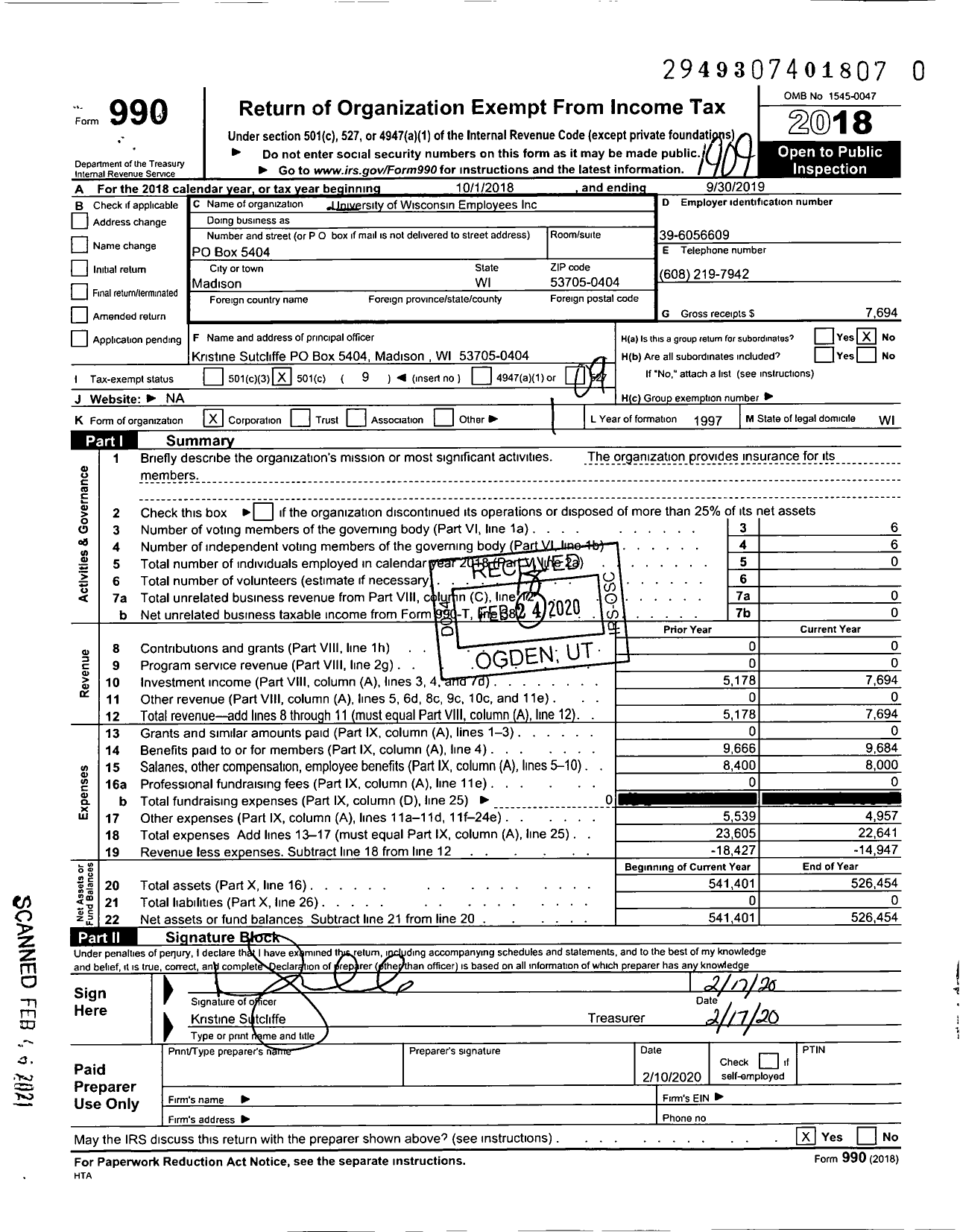 Image of first page of 2018 Form 990O for University of Wisconsin Employees