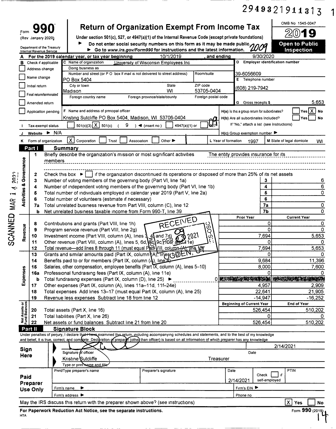Image of first page of 2019 Form 990O for University of Wisconsin Employees