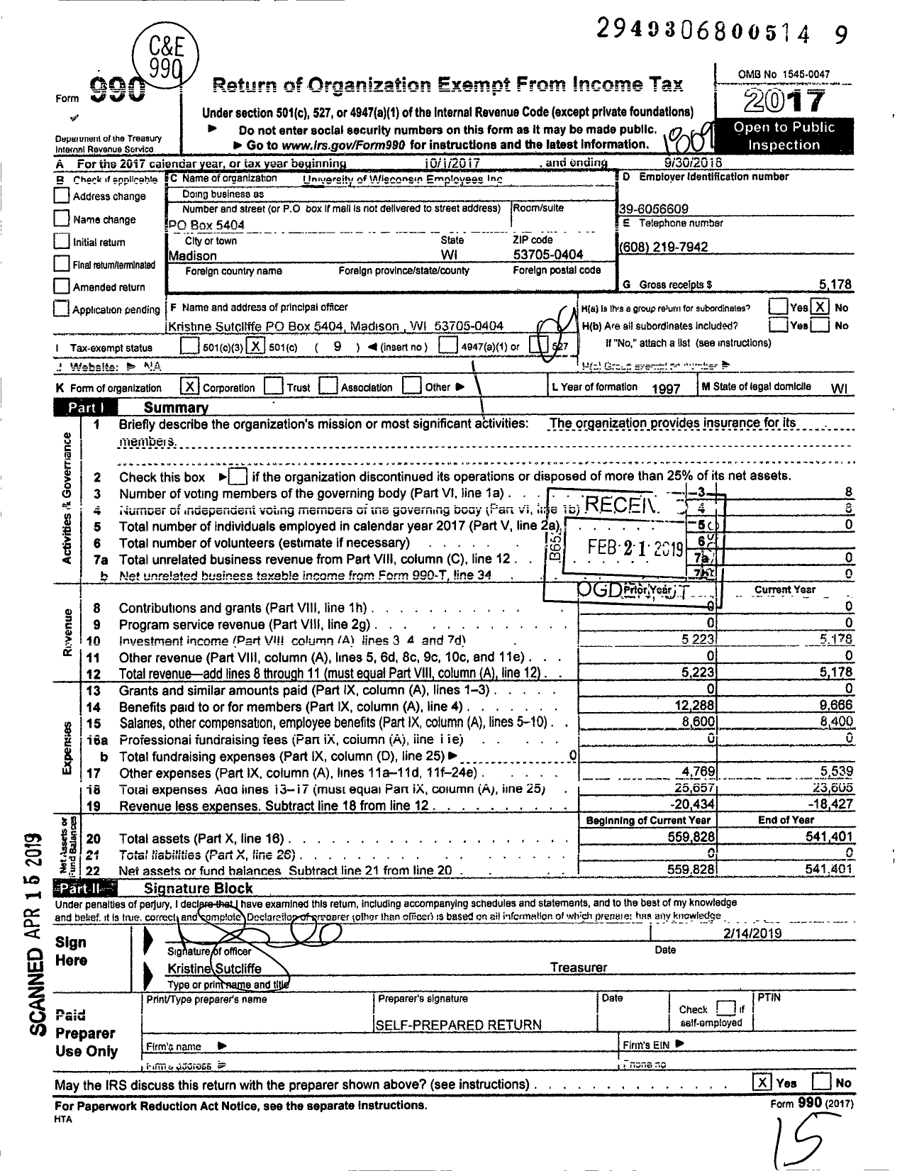 Image of first page of 2017 Form 990O for University of Wisconsin Employees