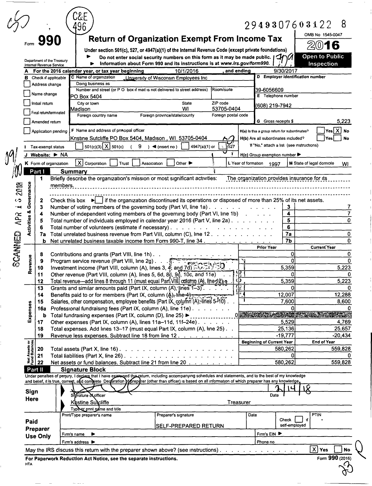 Image of first page of 2016 Form 990O for University of Wisconsin Employees
