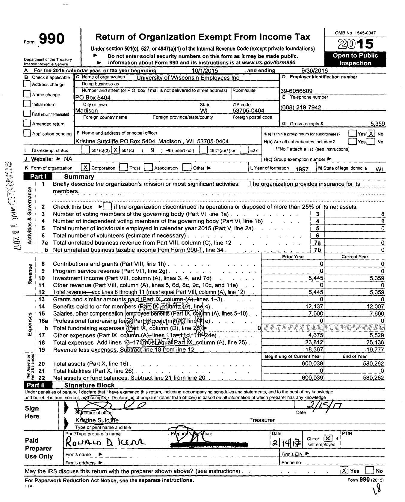Image of first page of 2015 Form 990O for University of Wisconsin Employees