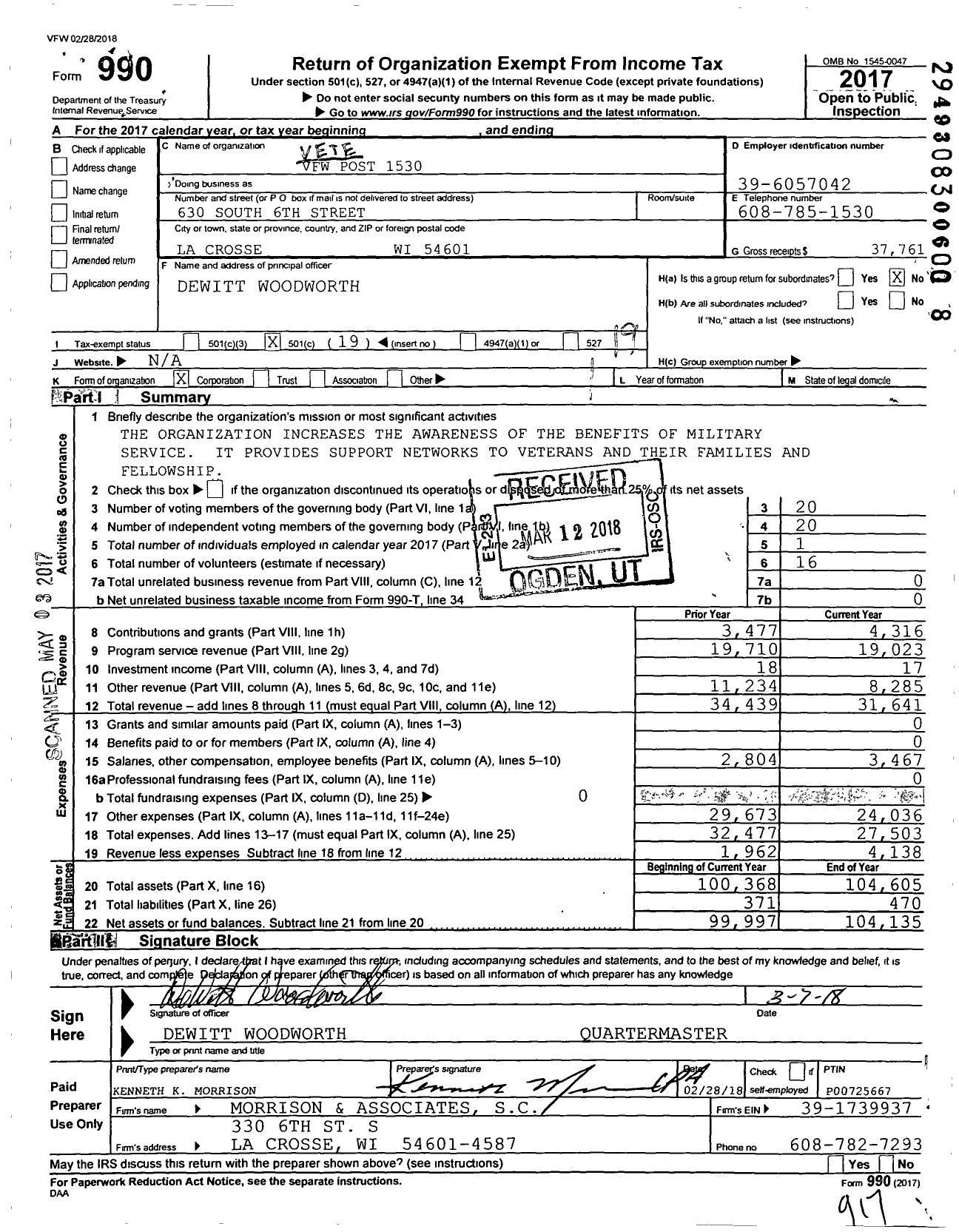 Image of first page of 2017 Form 990O for VFW Wi - 1530 Thomas Rooney