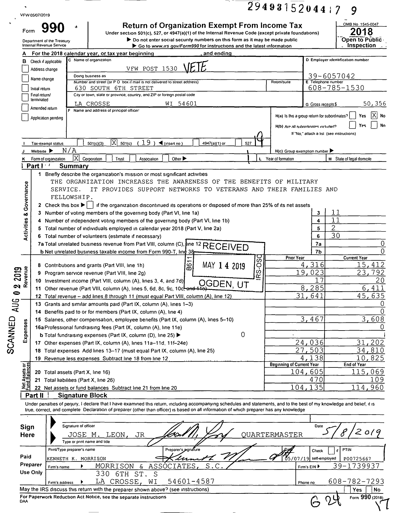 Image of first page of 2018 Form 990O for VFW Wi - 1530 Thomas Rooney