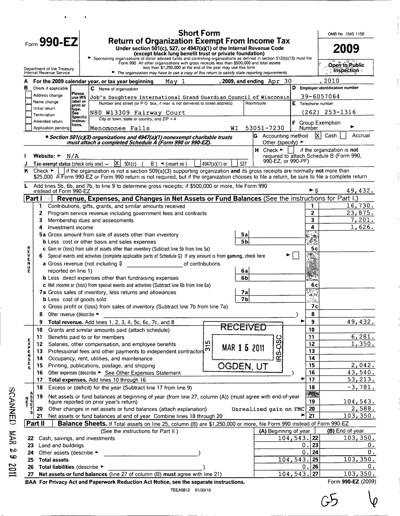 Image of first page of 2009 Form 990EO for Jobs Daughters International / Grand Guardian Council of Wisconsin