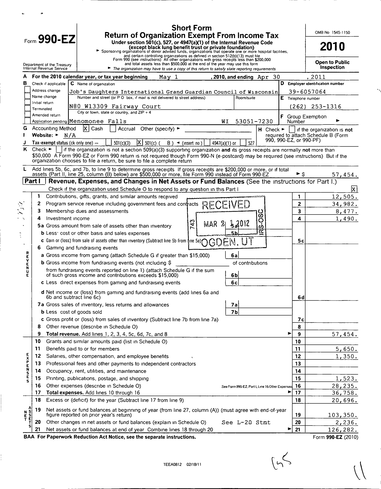 Image of first page of 2010 Form 990EO for Jobs Daughters International / Grand Guardian Council of Wisconsin