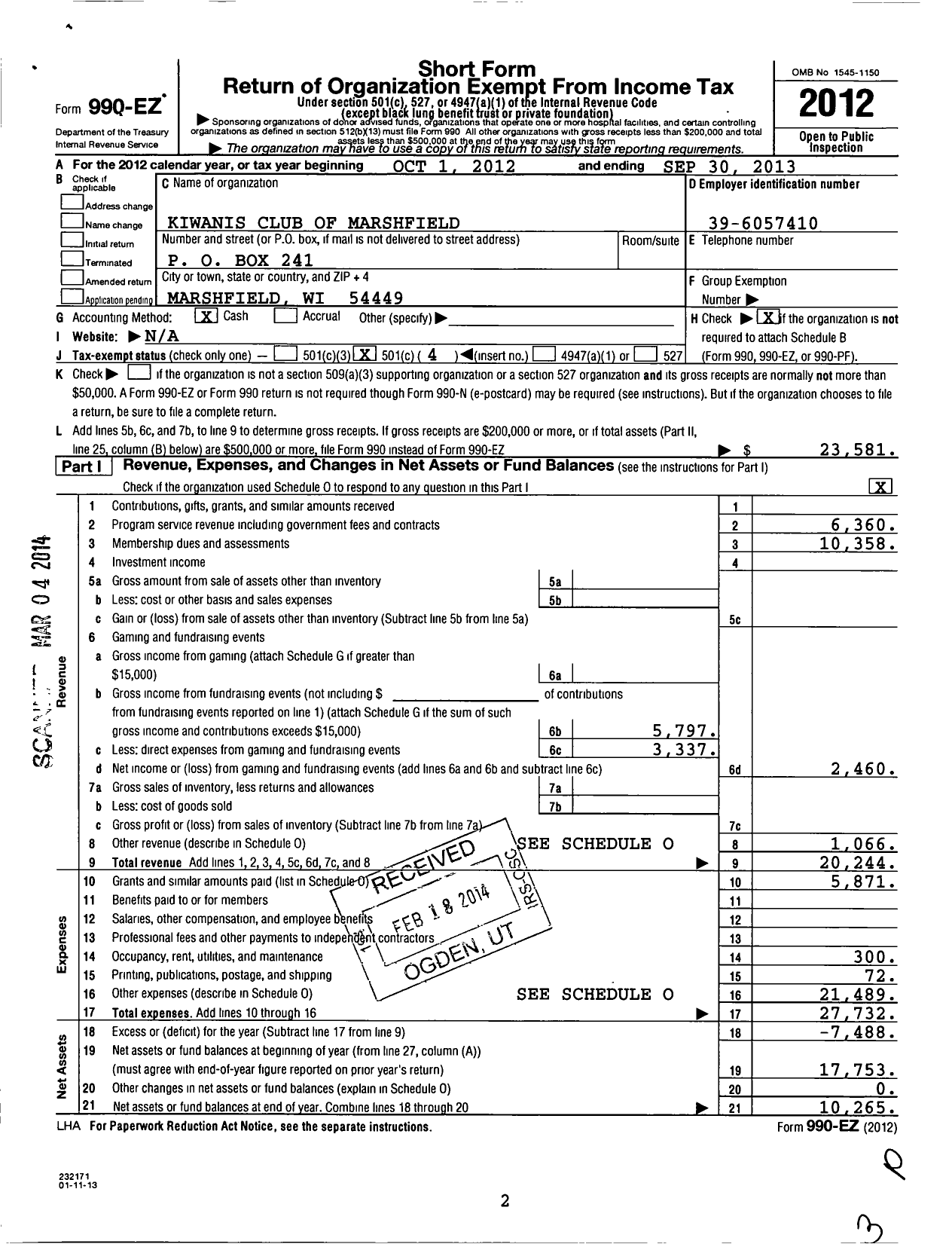 Image of first page of 2012 Form 990EO for Kiwanis International - K04503 Marshfield