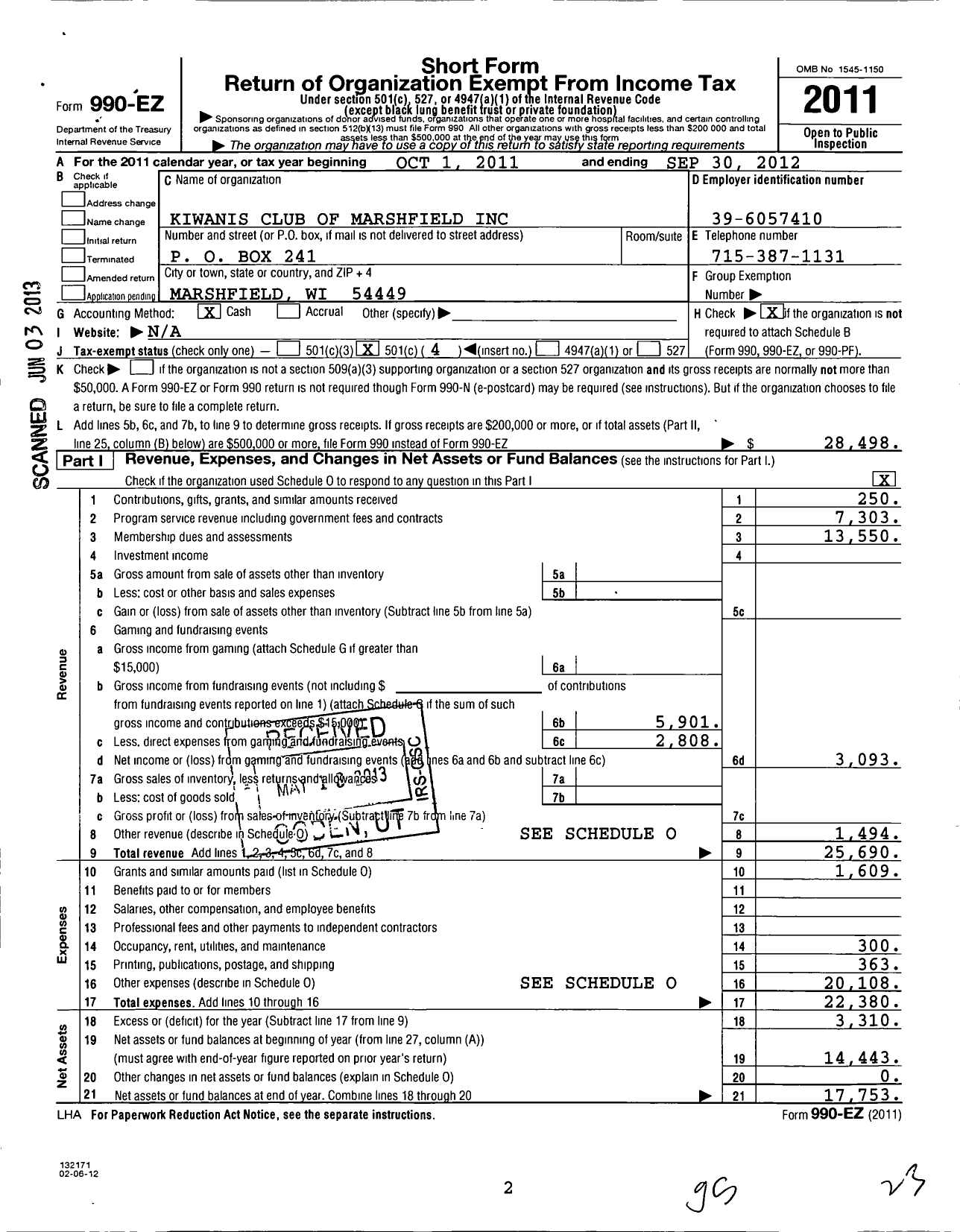 Image of first page of 2011 Form 990EO for Kiwanis International - K04503 Marshfield