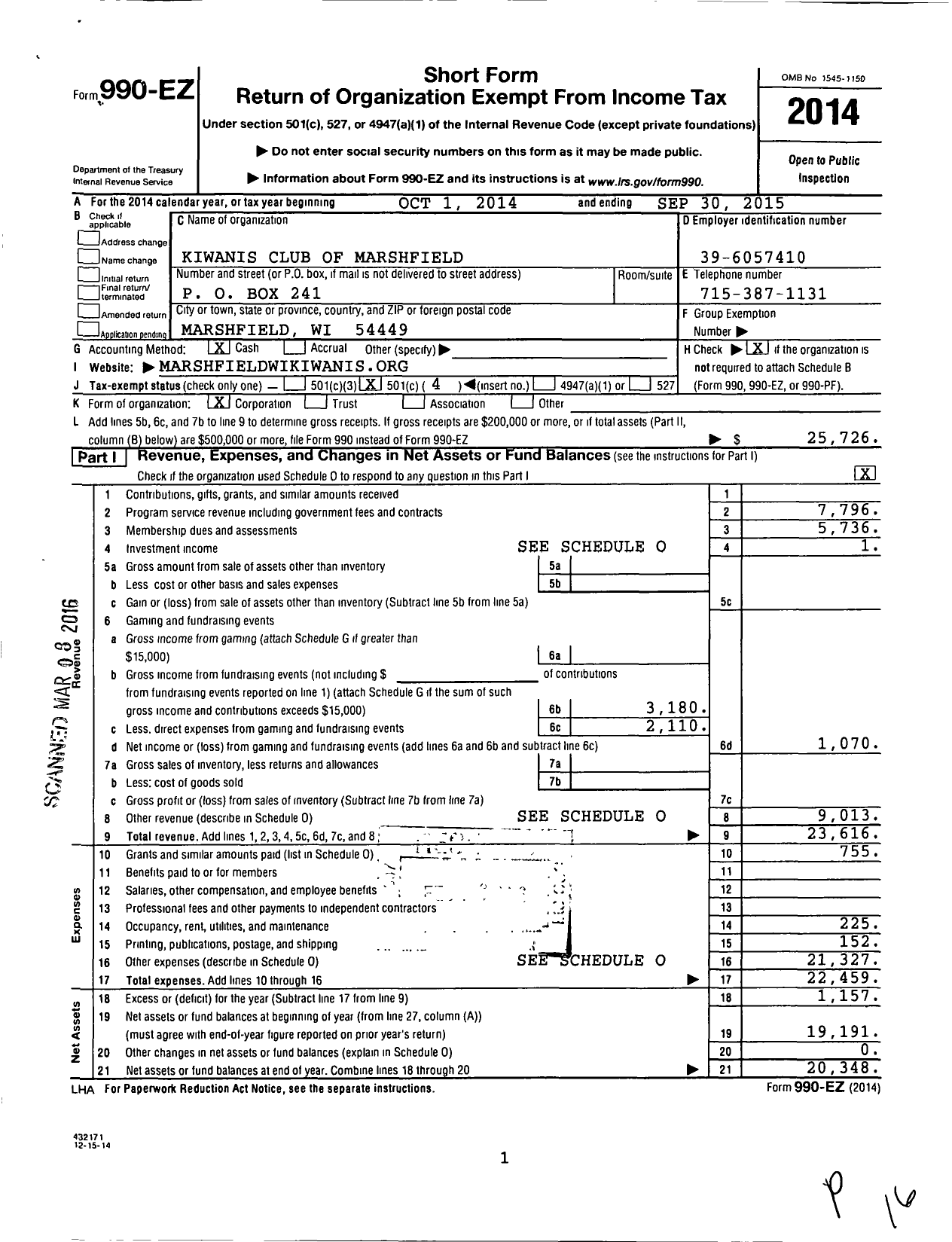 Image of first page of 2014 Form 990EO for Kiwanis International - K04503 Marshfield