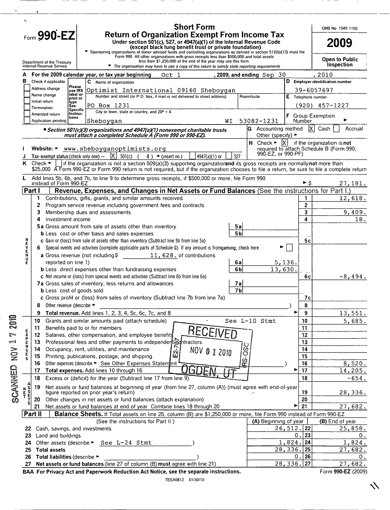 Image of first page of 2009 Form 990EO for Optimist International - 23160 Oc of Sheboygan Inc Wisconsin