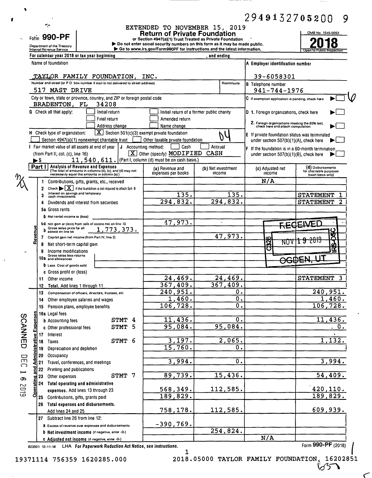 Image of first page of 2018 Form 990PF for Taylor Family Foundation