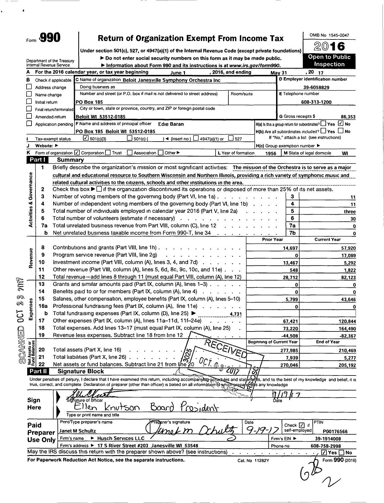 Image of first page of 2016 Form 990 for Beloit Janesville Symphony Orchestra