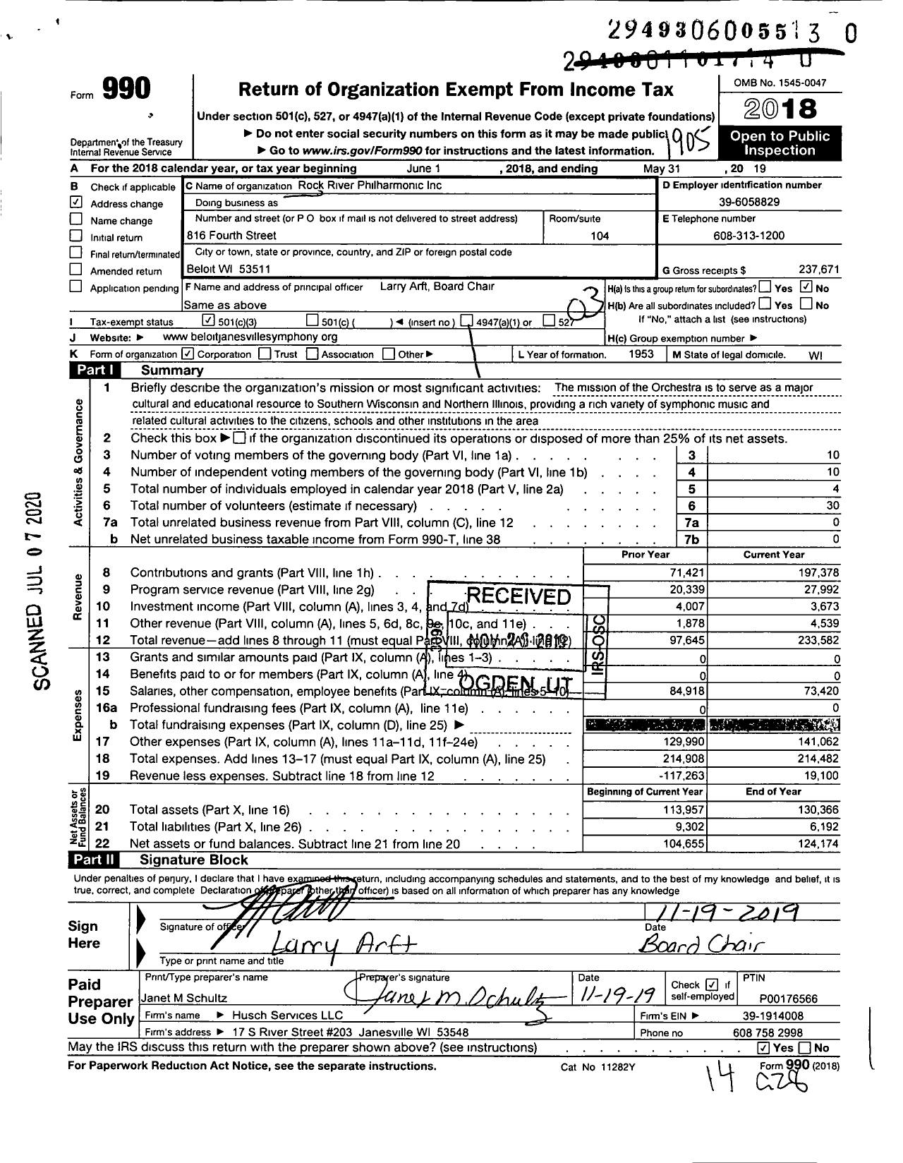 Image of first page of 2018 Form 990 for Beloit Janesville Symphony Orchestra