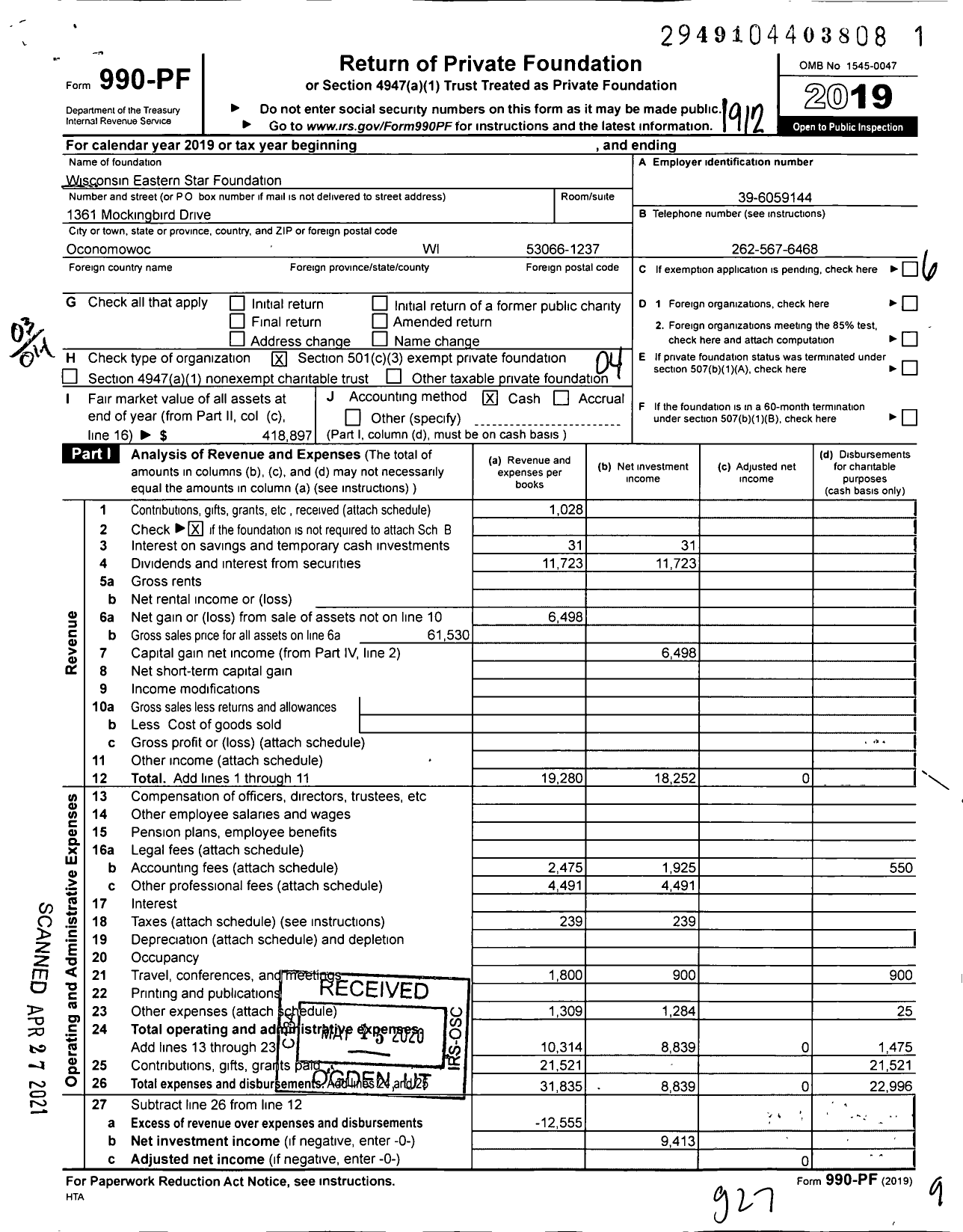 Image of first page of 2019 Form 990PF for Wisconsin Eastern Star Foundation