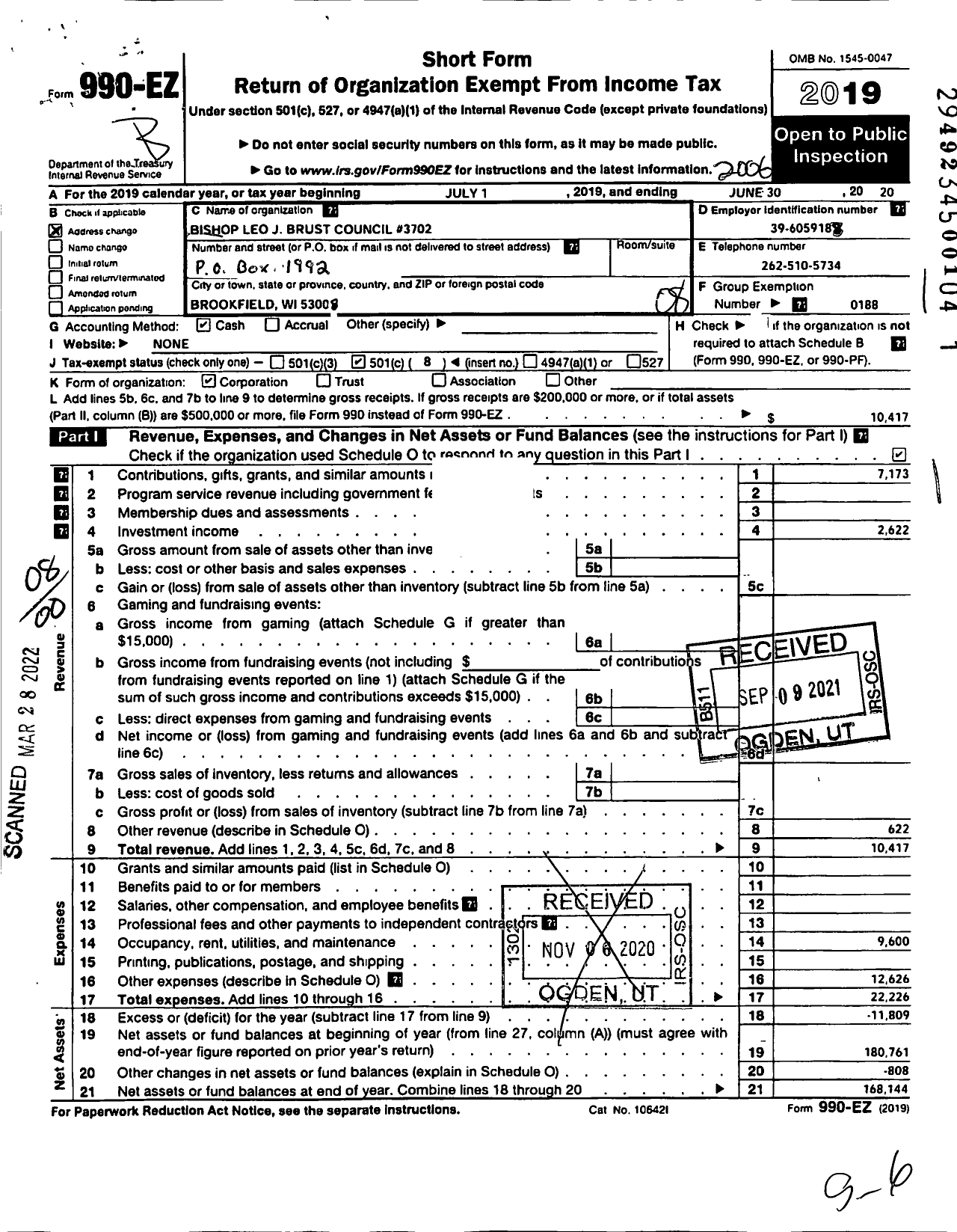 Image of first page of 2019 Form 990EO for Knights of Columbus - 3702 Bishop Leo J Brust Council