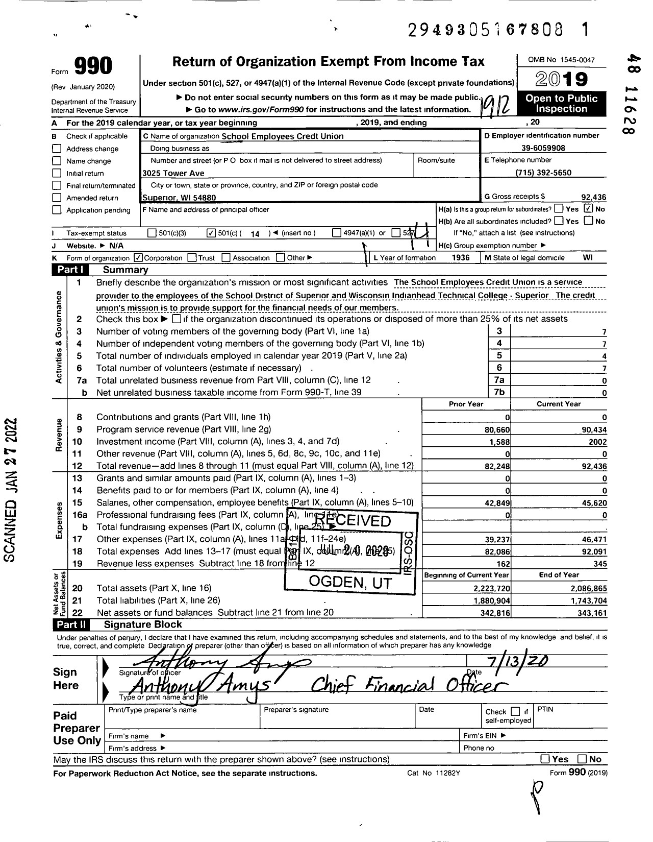 Image of first page of 2019 Form 990O for School Employees Credit Union