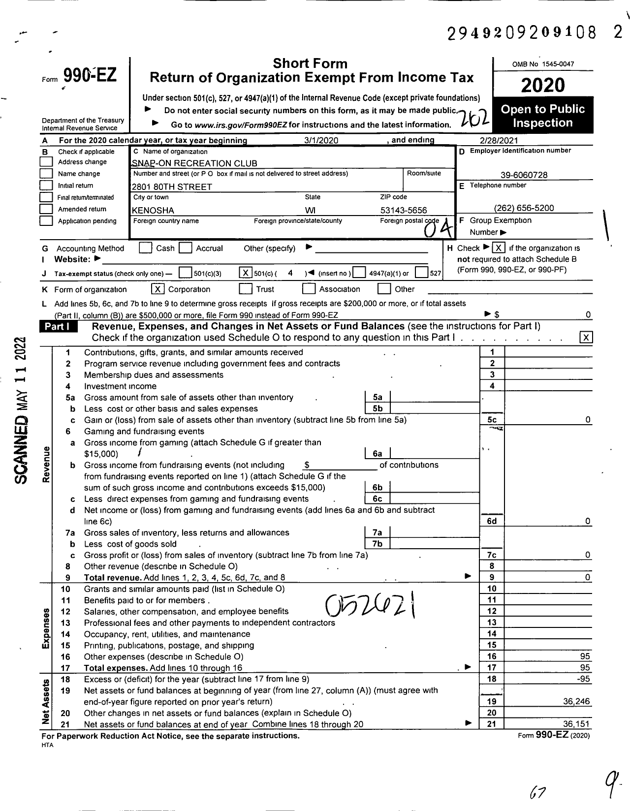 Image of first page of 2020 Form 990EO for Snap-On Recreation Club