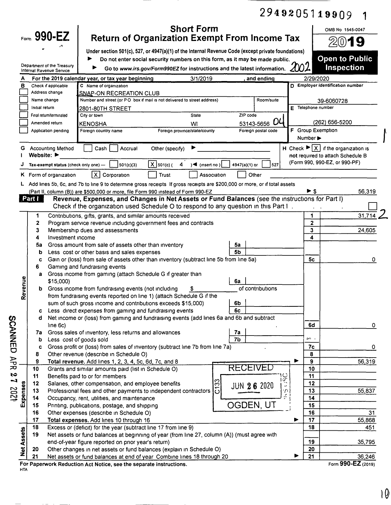 Image of first page of 2019 Form 990EO for Snap-On Recreation Club