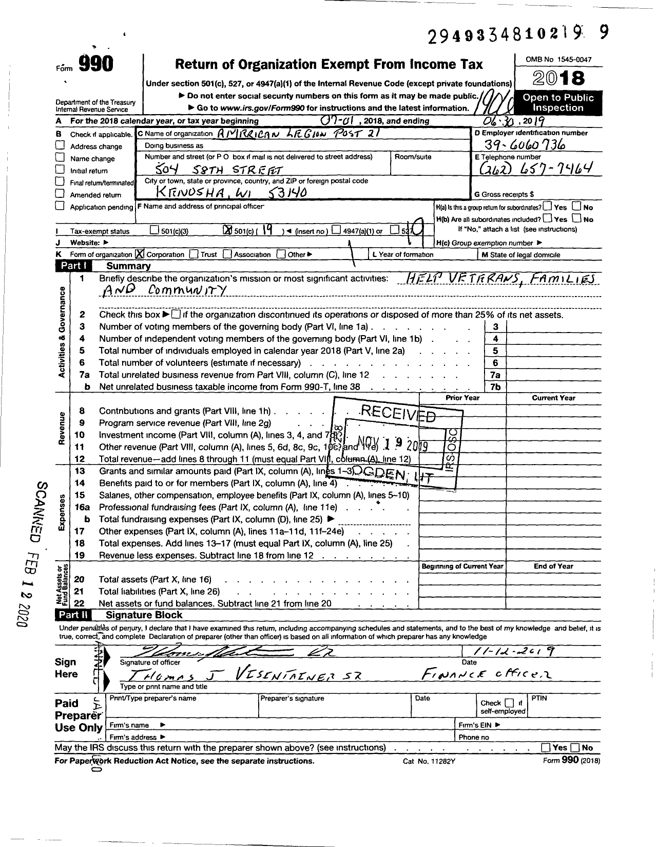 Image of first page of 2018 Form 990O for American Legion - 21 Post Kenosha-Paul Herrick