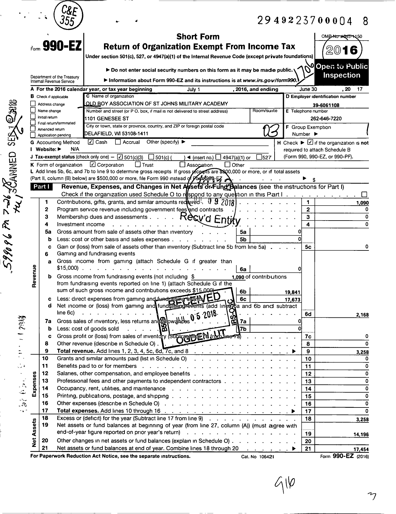 Image of first page of 2016 Form 990EZ for Old Boys Association of St Johns Military Acd