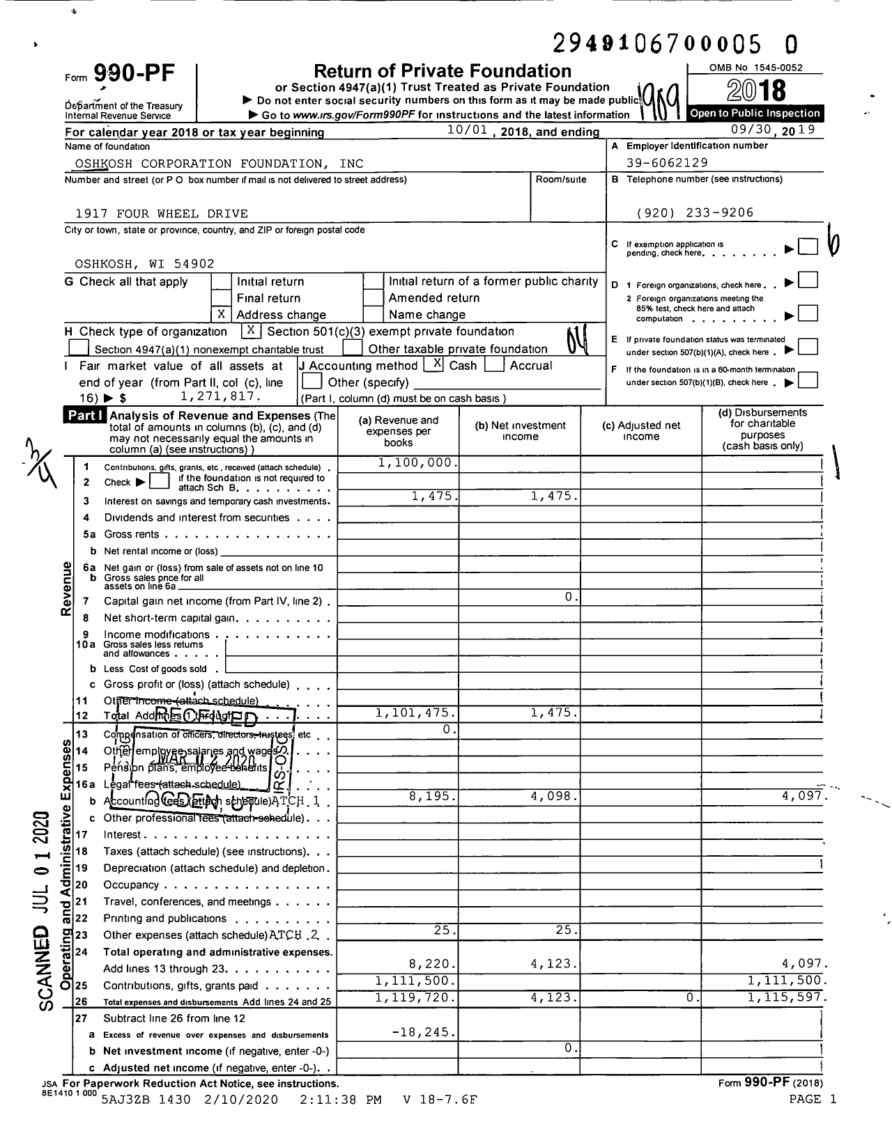 Image of first page of 2018 Form 990PR for Oshkosh Corporation Foundation