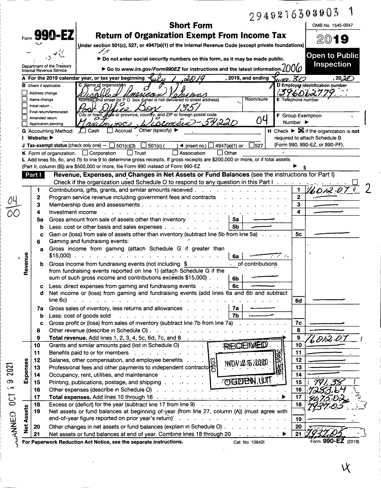 Image of first page of 2019 Form 990EO for Disabled American Veterans - 24 Andrew Miller