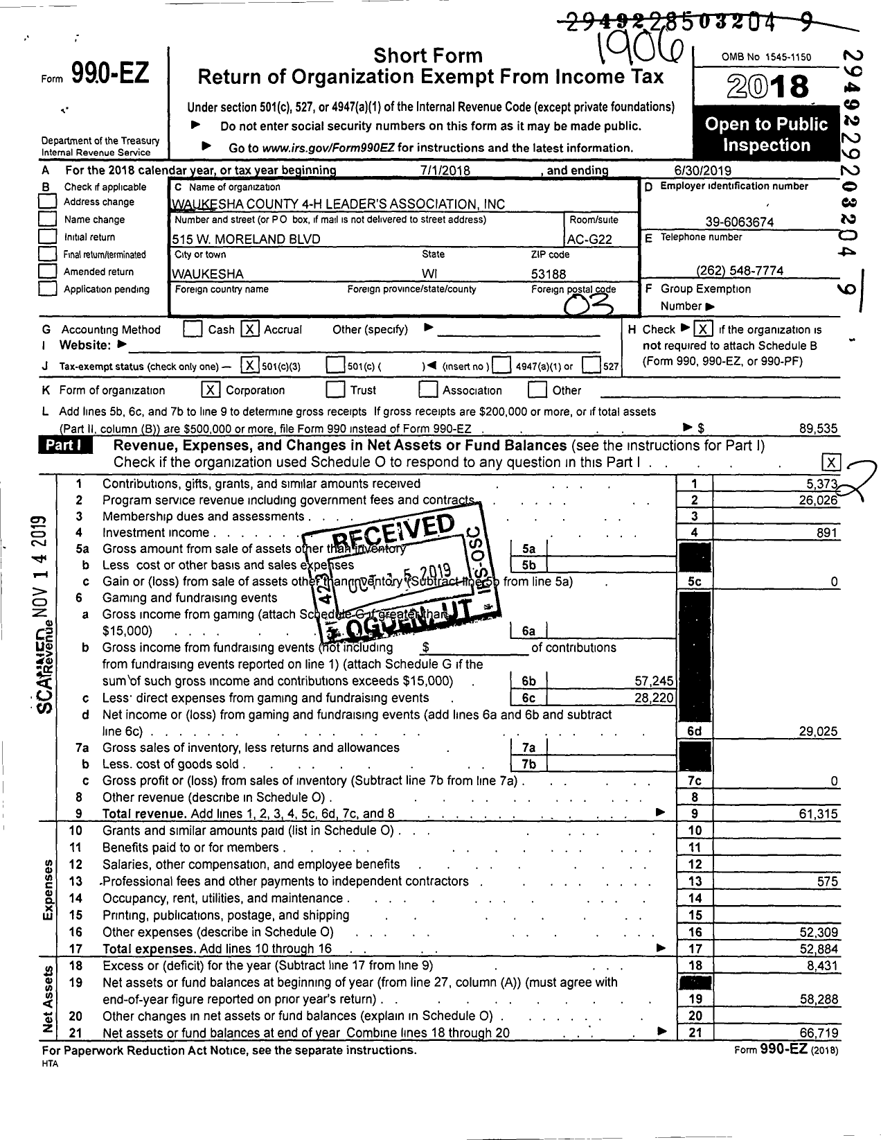 Image of first page of 2018 Form 990EZ for Waukesha County 4-H Leader's Association