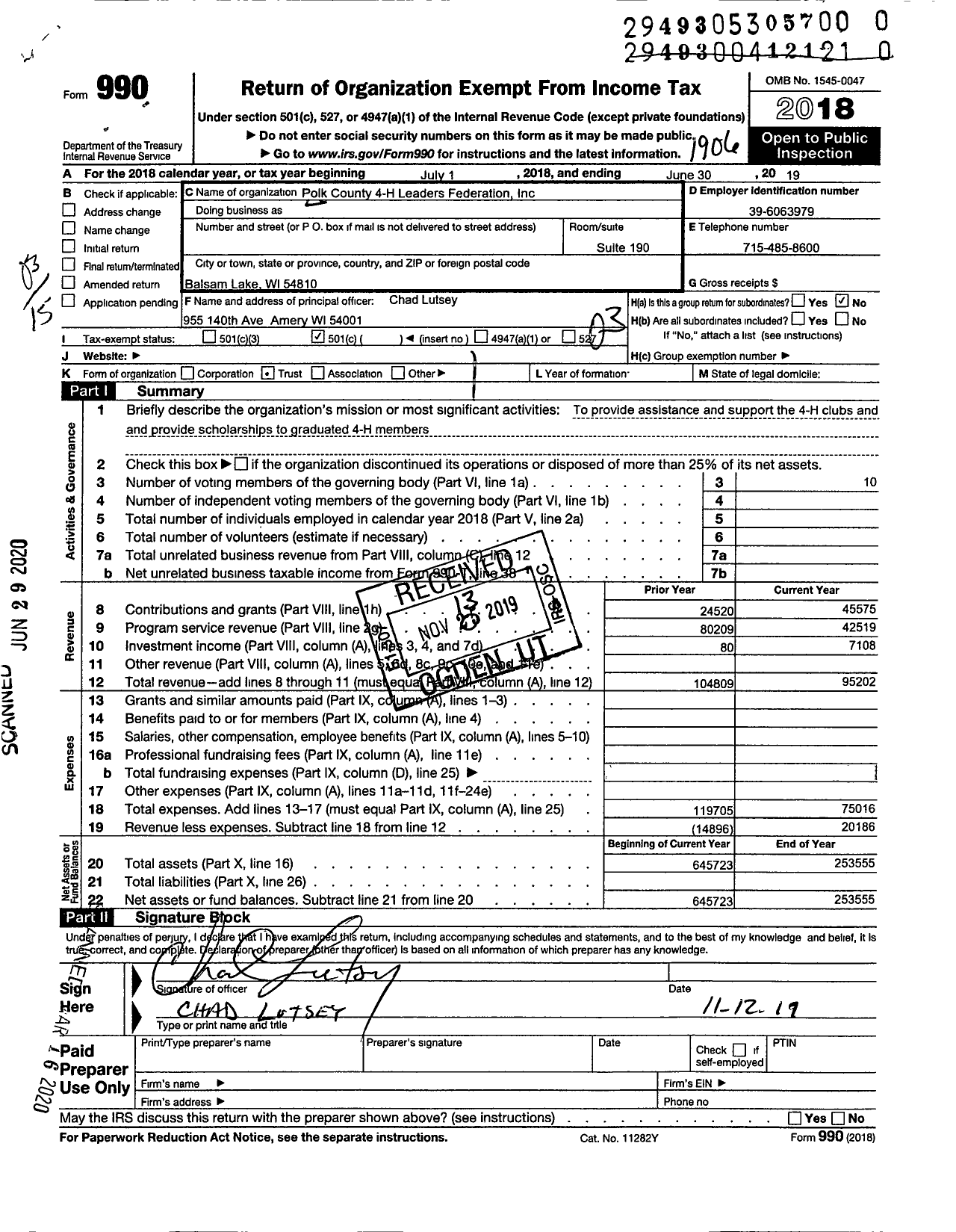 Image of first page of 2018 Form 990 for BOARD OF REGENTS OF THE UNIVERSITY OF WISCONSIN SYSTEM / Polk Co 4-H Leaders Federation Inc