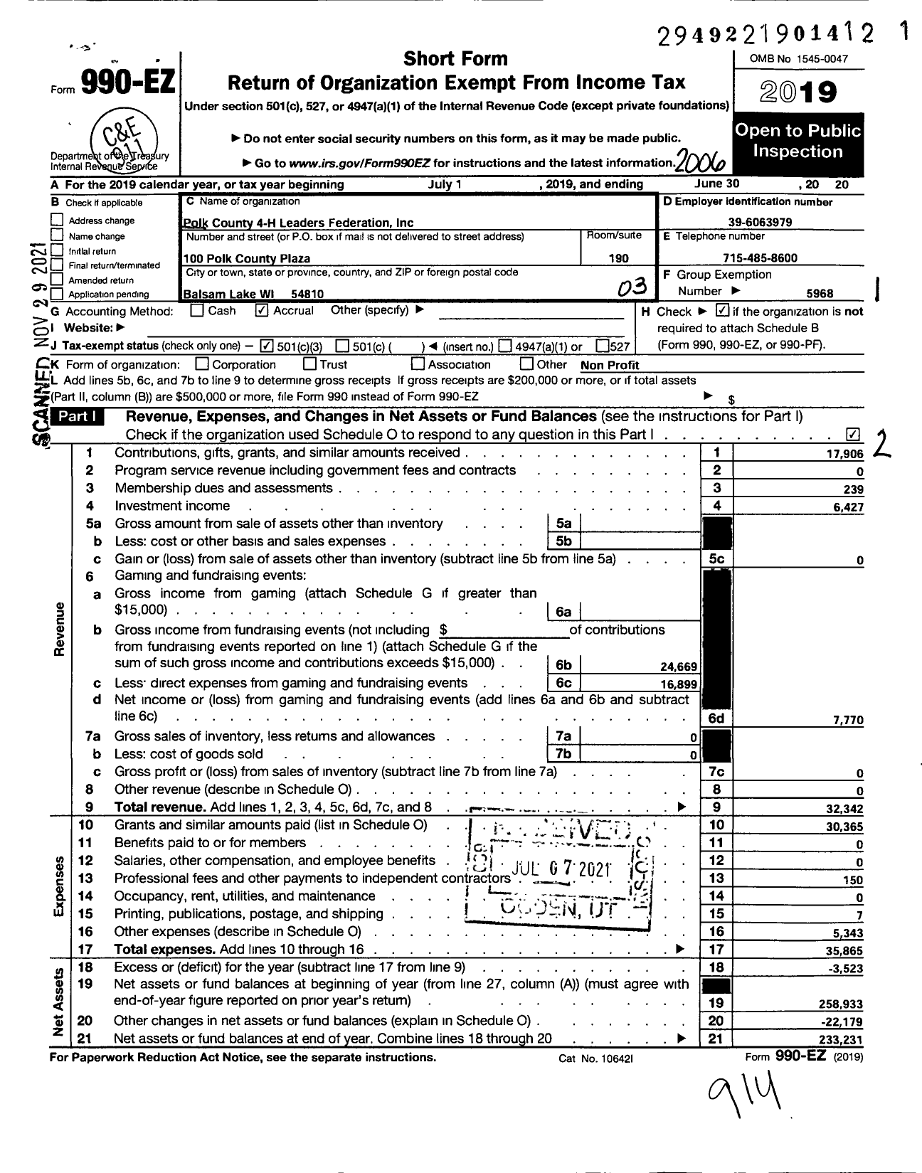 Image of first page of 2019 Form 990EZ for BOARD OF REGENTS OF THE UNIVERSITY OF WISCONSIN SYSTEM / Polk Co 4-H Leaders Federation Inc