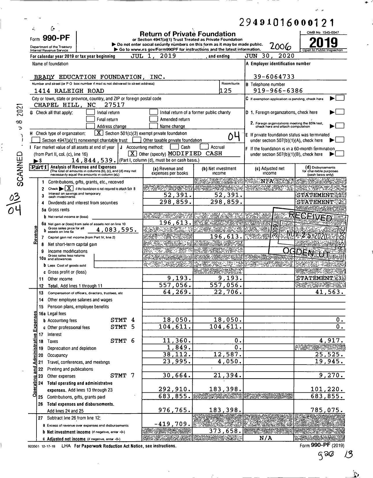 Image of first page of 2019 Form 990PF for Brady Education Foundation