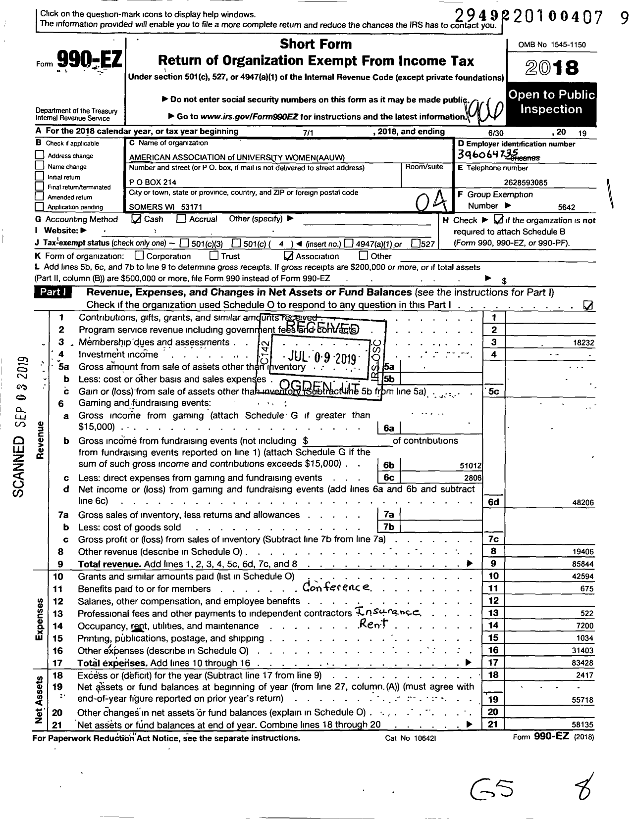 Image of first page of 2018 Form 990EO for American Association of University Women / Racine