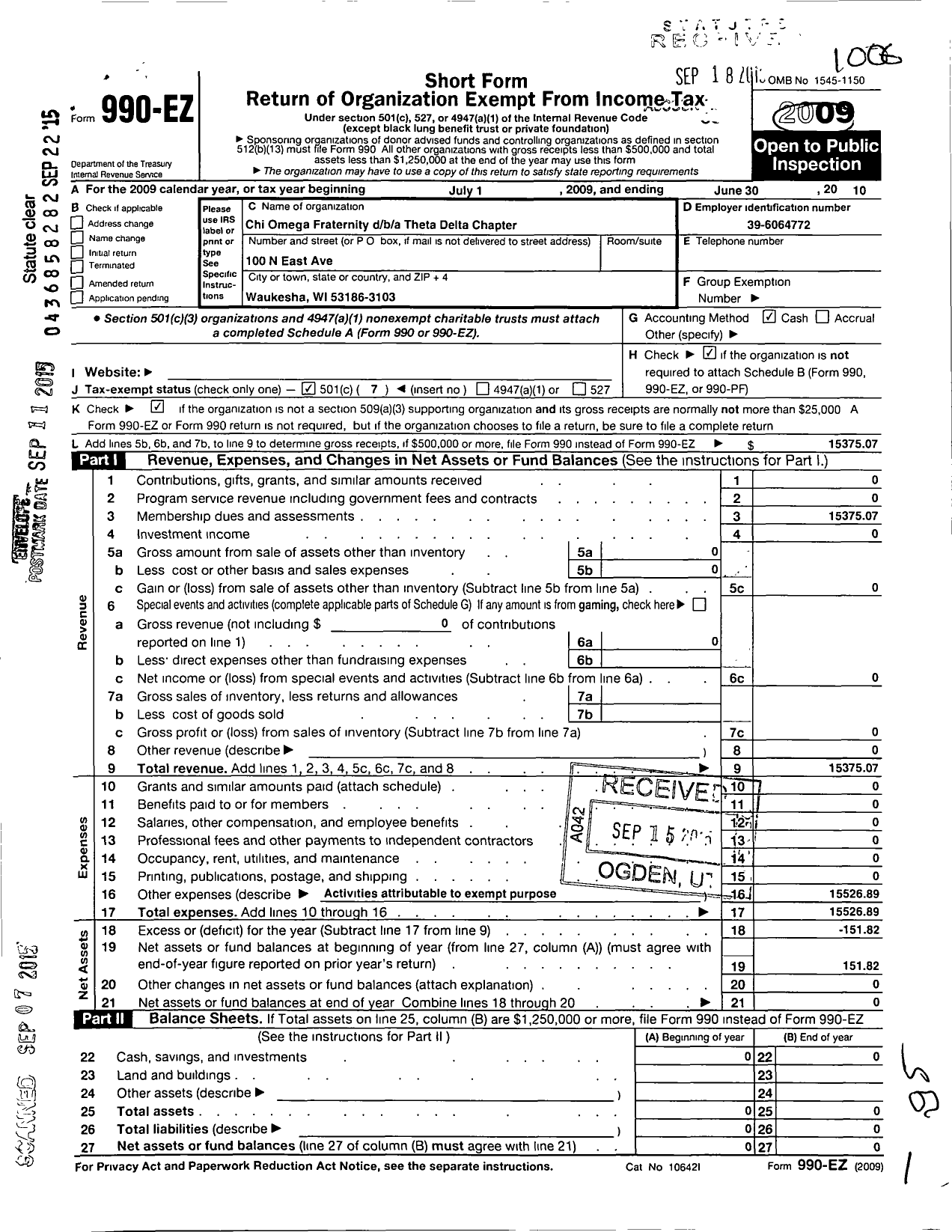 Image of first page of 2009 Form 990EO for Chi Omega Fraternity / Theta Delta Chapter