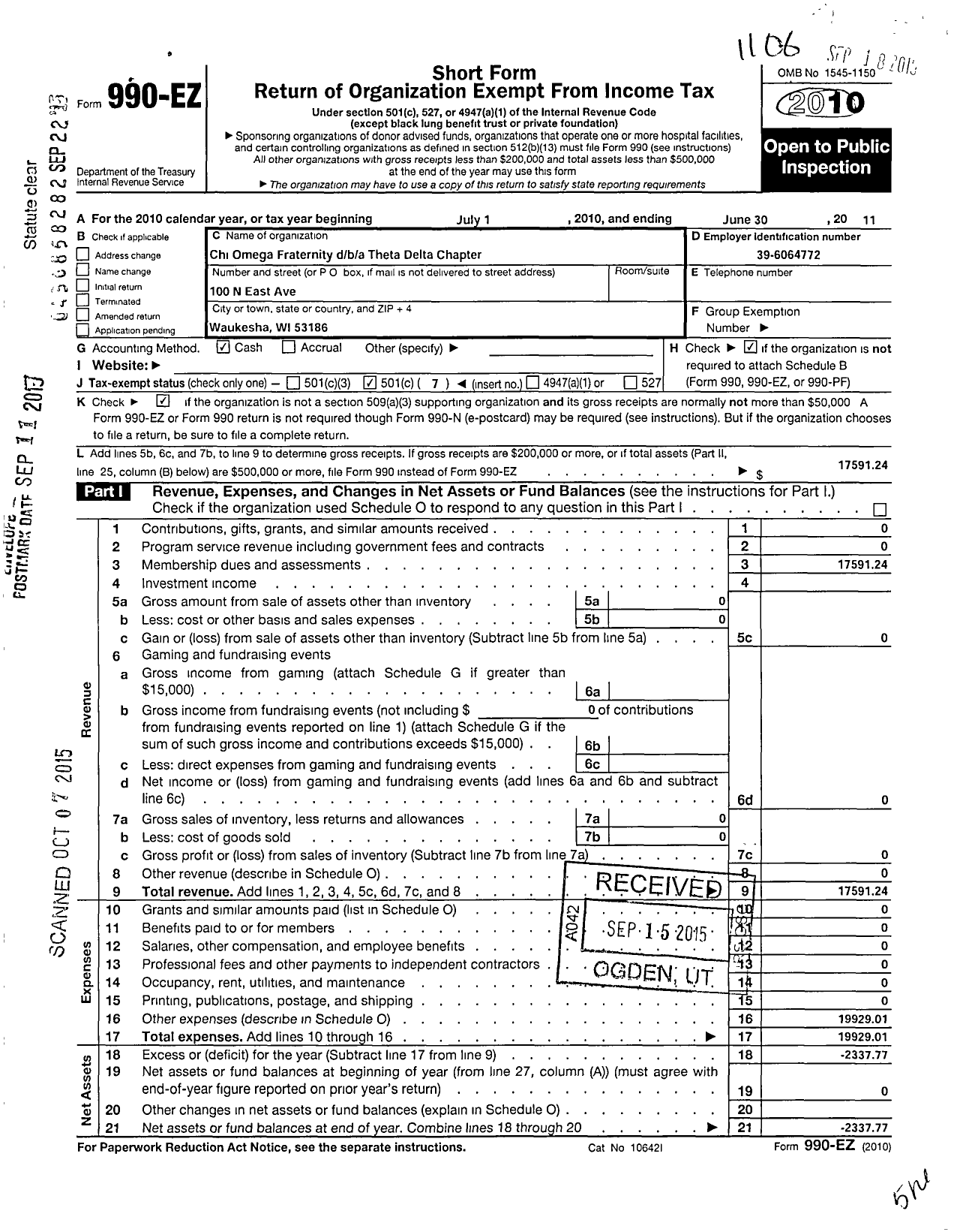 Image of first page of 2010 Form 990EO for Chi Omega Fraternity / Theta Delta Chapter