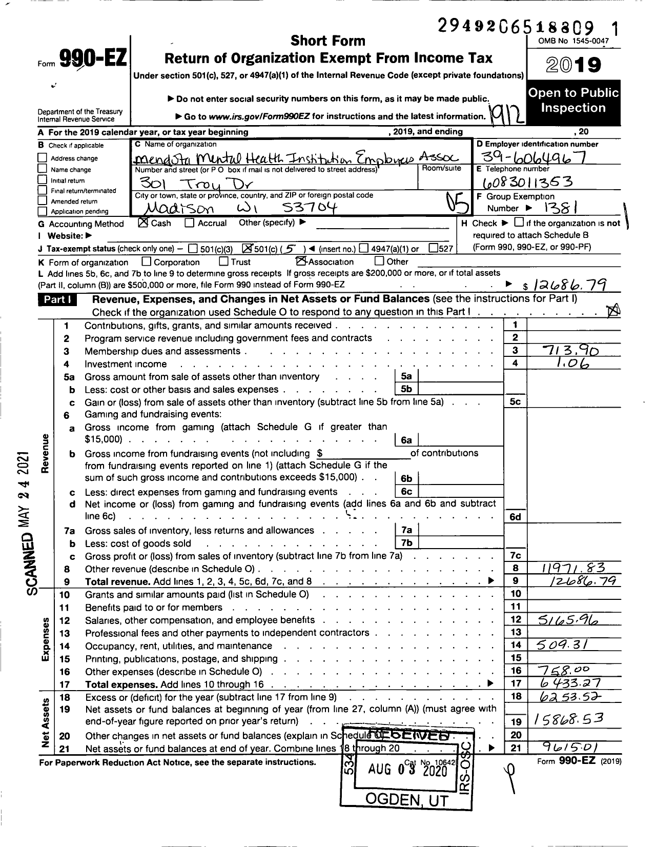 Image of first page of 2019 Form 990EO for American Federation of State County & Municipal Employees - L0013wi Mendota Mental HLTH Inst