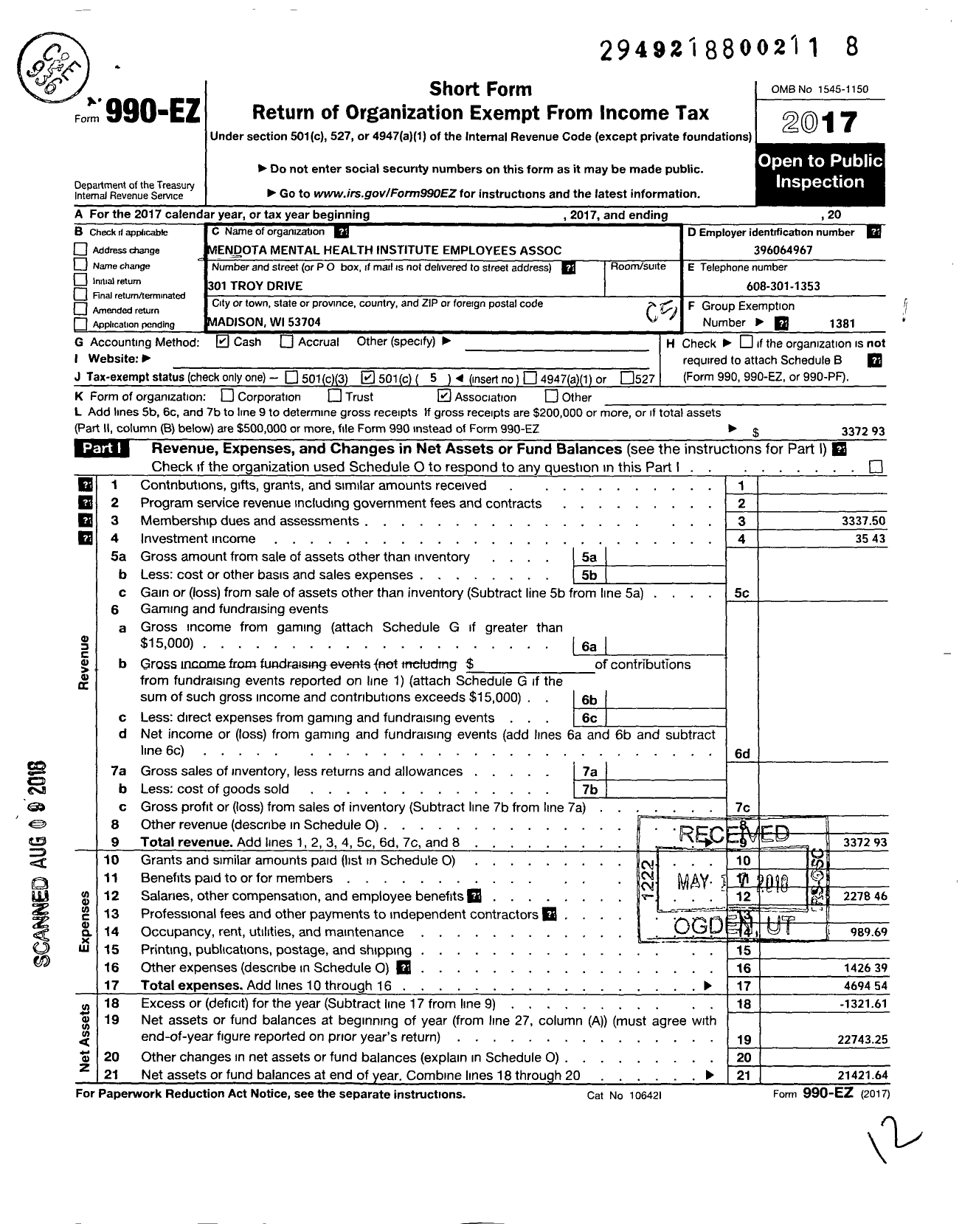 Image of first page of 2017 Form 990EO for American Federation of State County & Municipal Employees - L0013wi Mendota Mental HLTH Inst