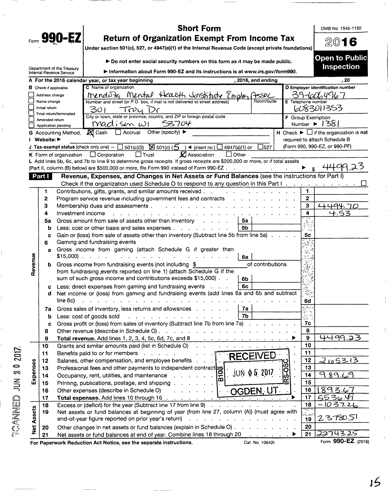 Image of first page of 2016 Form 990EO for American Federation of State County & Municipal Employees - L0013wi Mendota Mental HLTH Inst